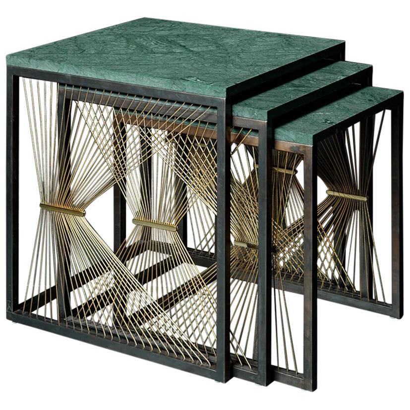 Contemporary Nesting Tables with Marble, Brass and Steel, Handmade in Italy For Sale