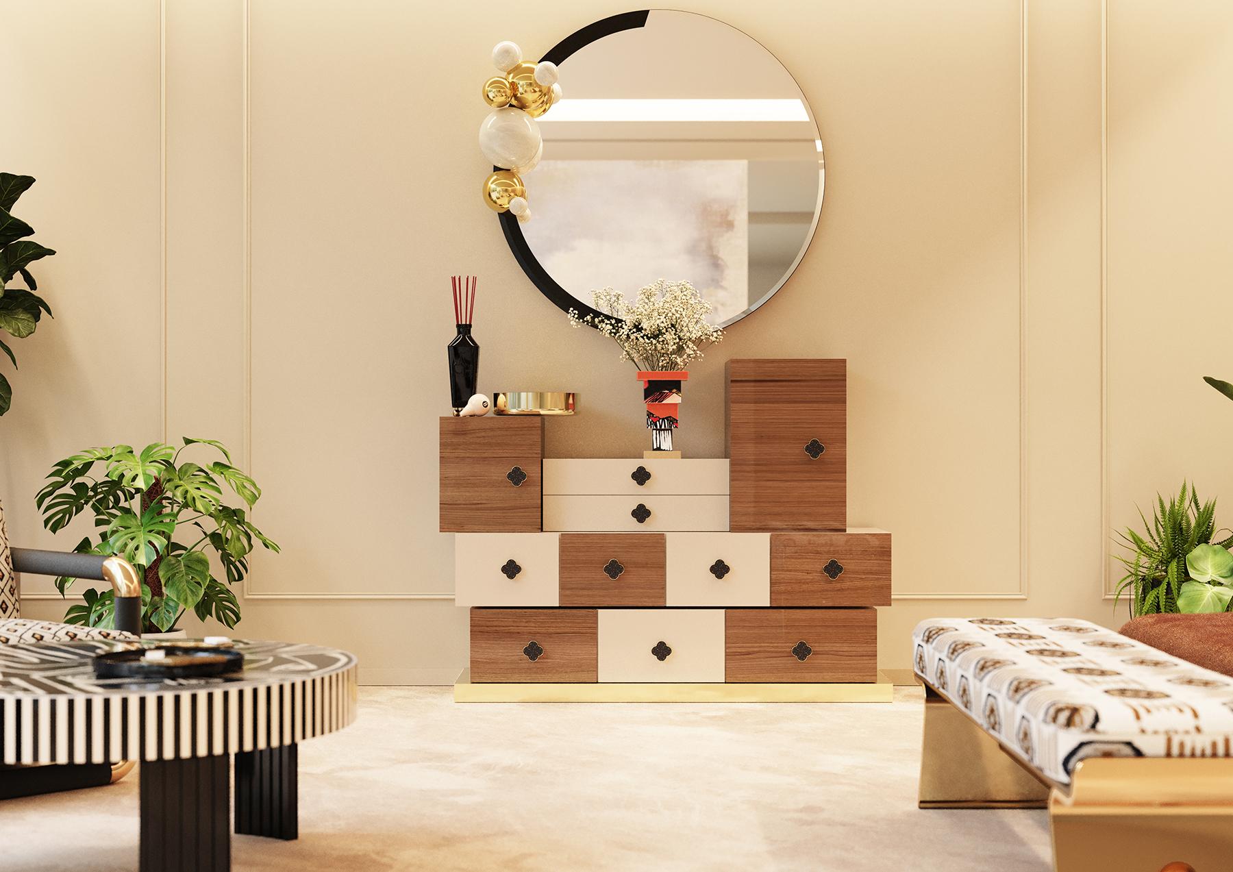 Portuguese Contemporary Neutral Hues Chest of Drawers in Bird Eye Wood & Brass Details For Sale