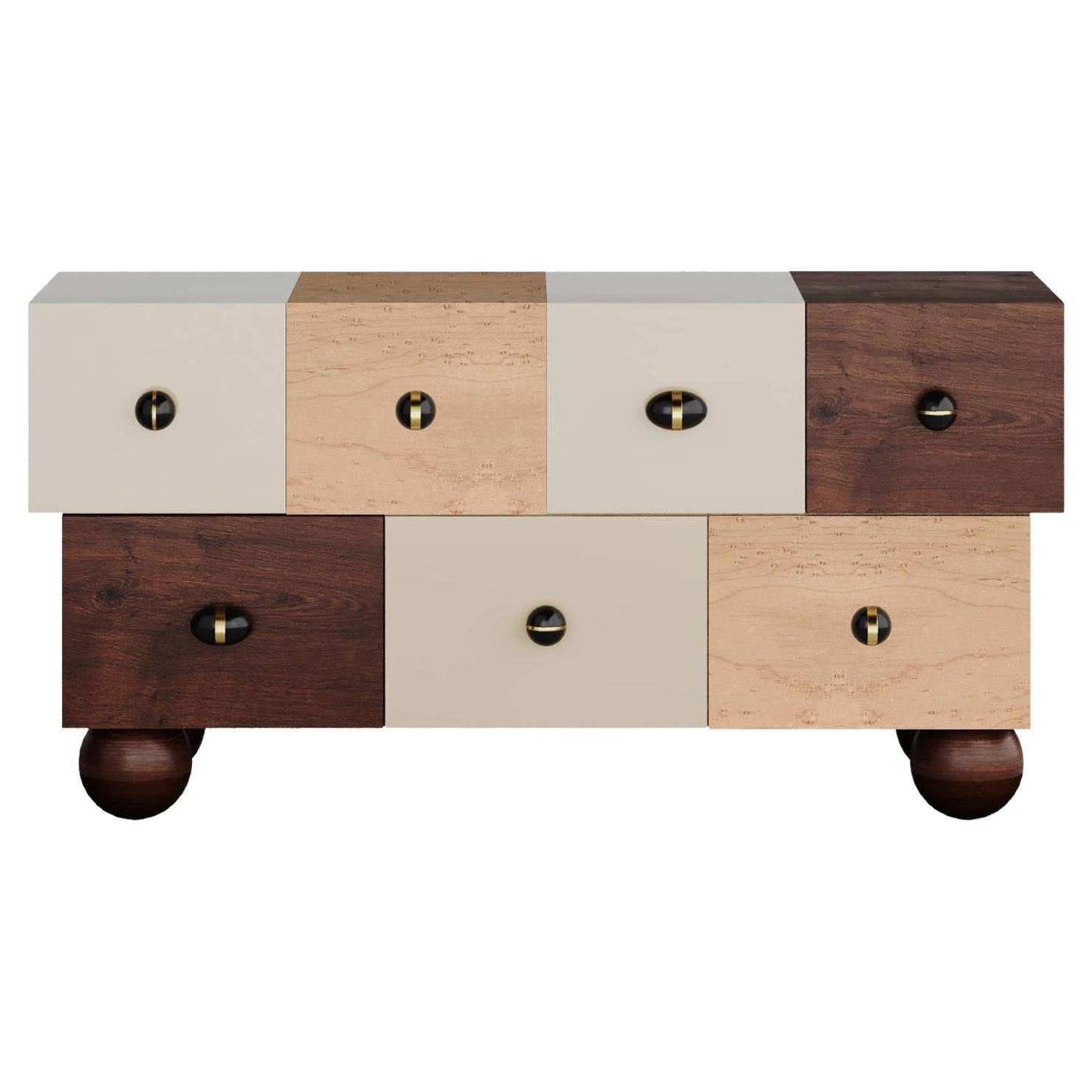 Contemporary Neutral Sideboard in Gloss Lacquer Beige, White Bird Eye Wood Venee For Sale