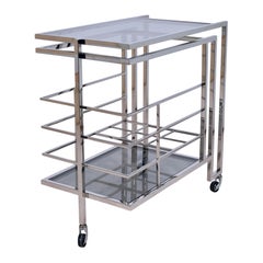 Contemporary Nickeled Brass Bar Cart with Tinted Glass in the Style of Art Deco