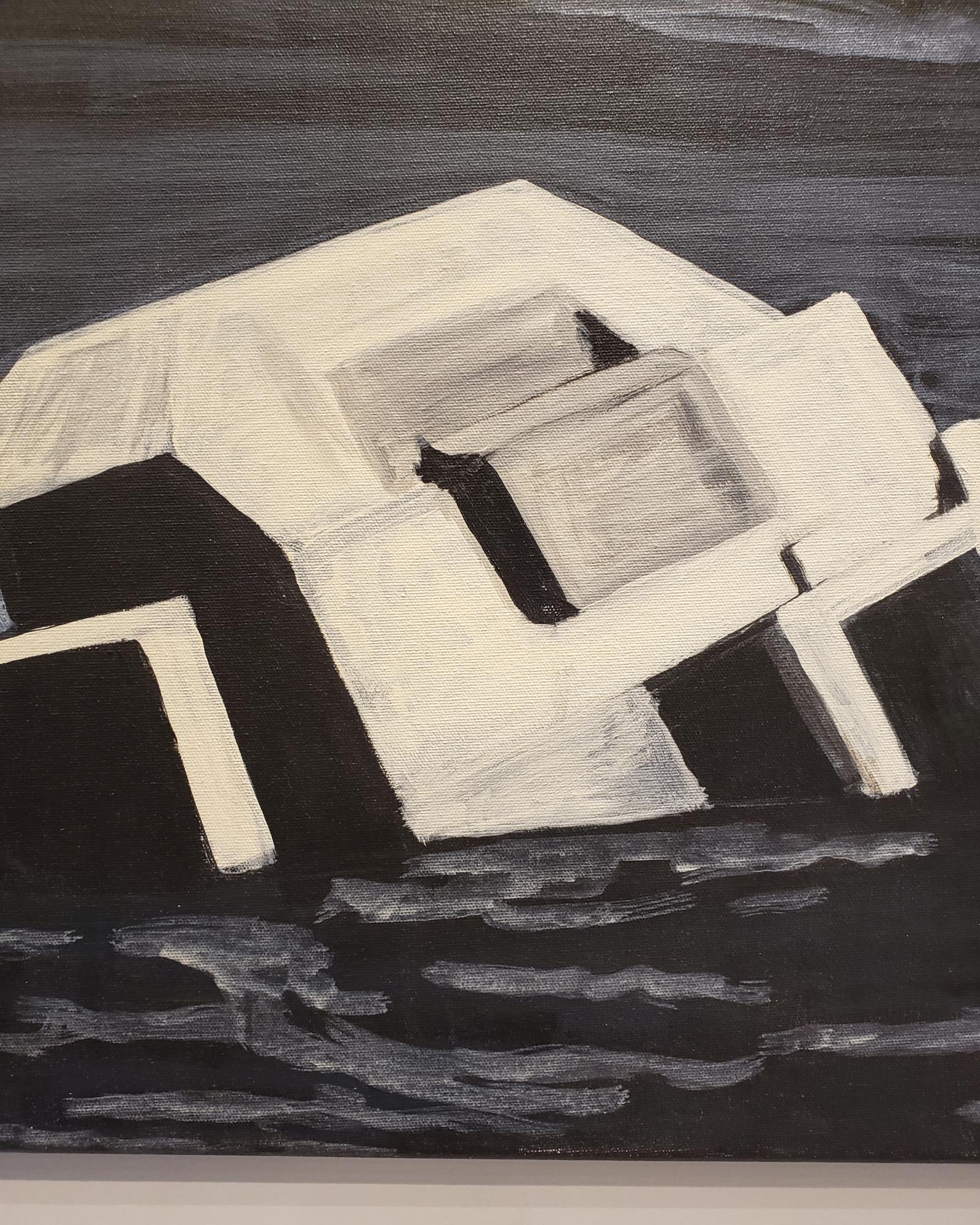 Night painting of an abandoned World War II bunker being reclaimed by the sea. Acrylic on canvas. Measures 20