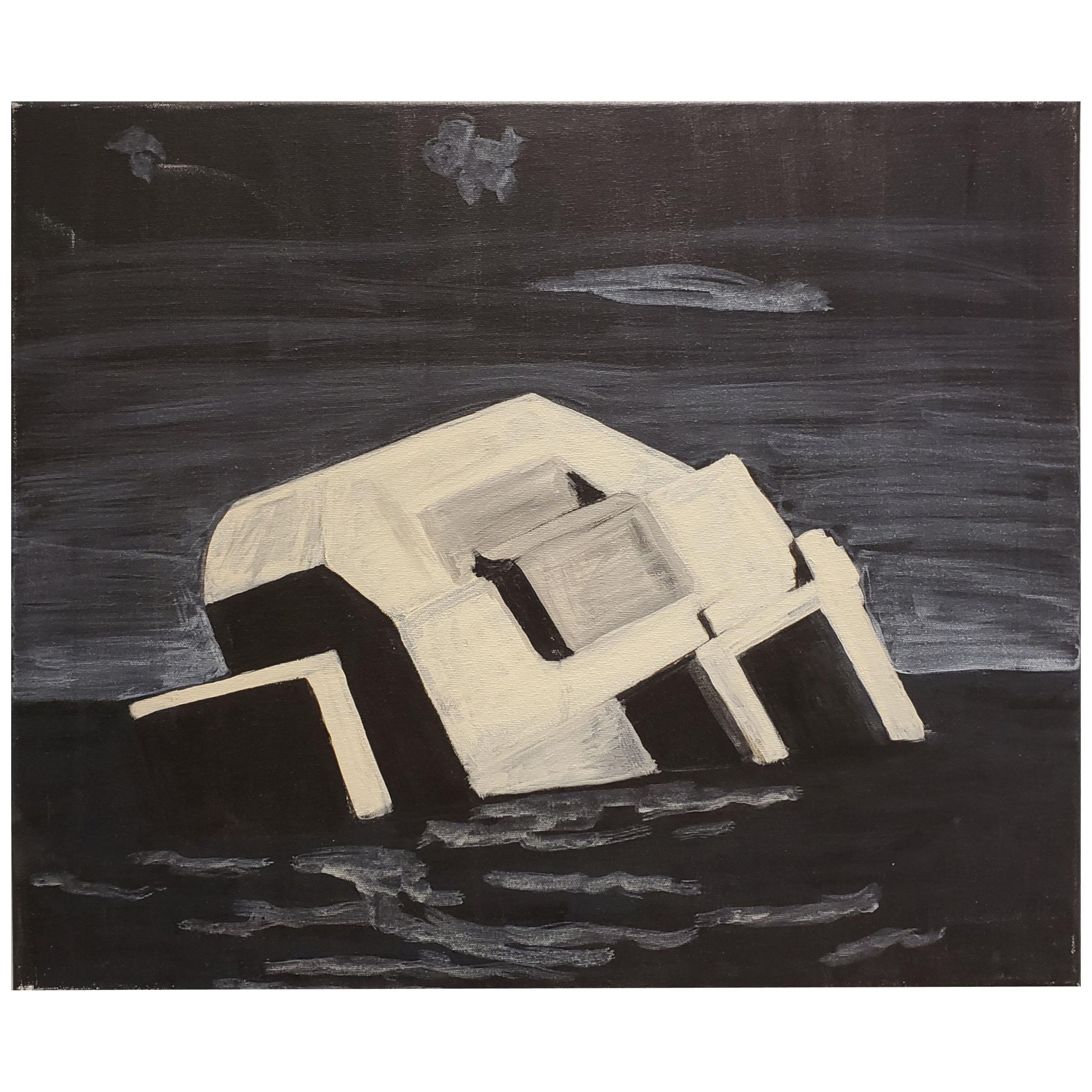 Contemporary Night Painting of Beach Bunker Ruin by Lionel Lamy For Sale