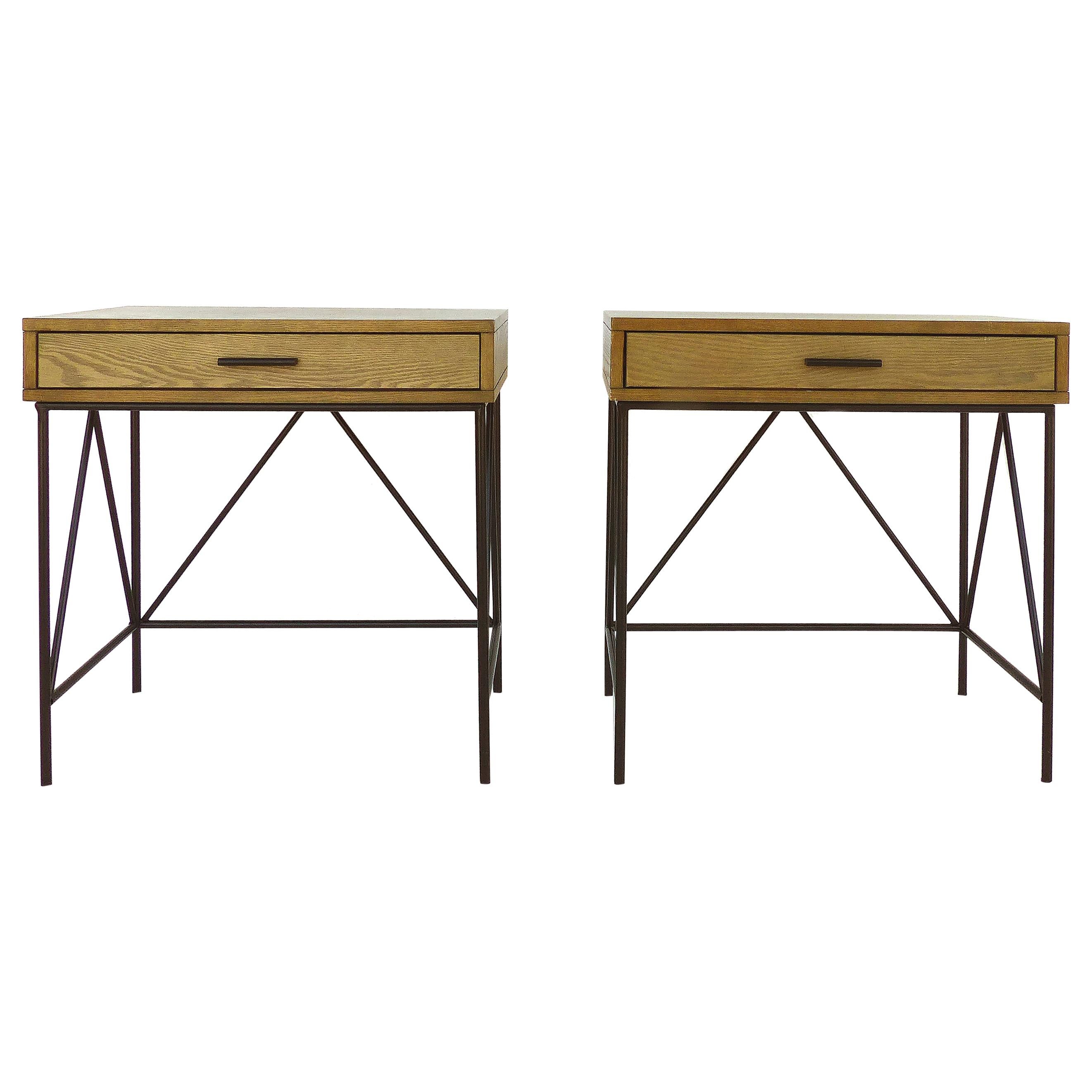 Contemporary Nightstand Side Tables with Iron Bases, Pair