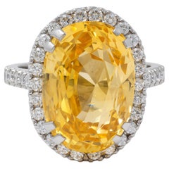 Moderner, unbehandelter gelber Ceylon-Saphir mit Diamanten in Platin im Halo-Design, GIA