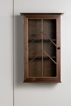 Contemporary North End Wall Cabinet in Walnut, Curly Oak with Barred Glass Door