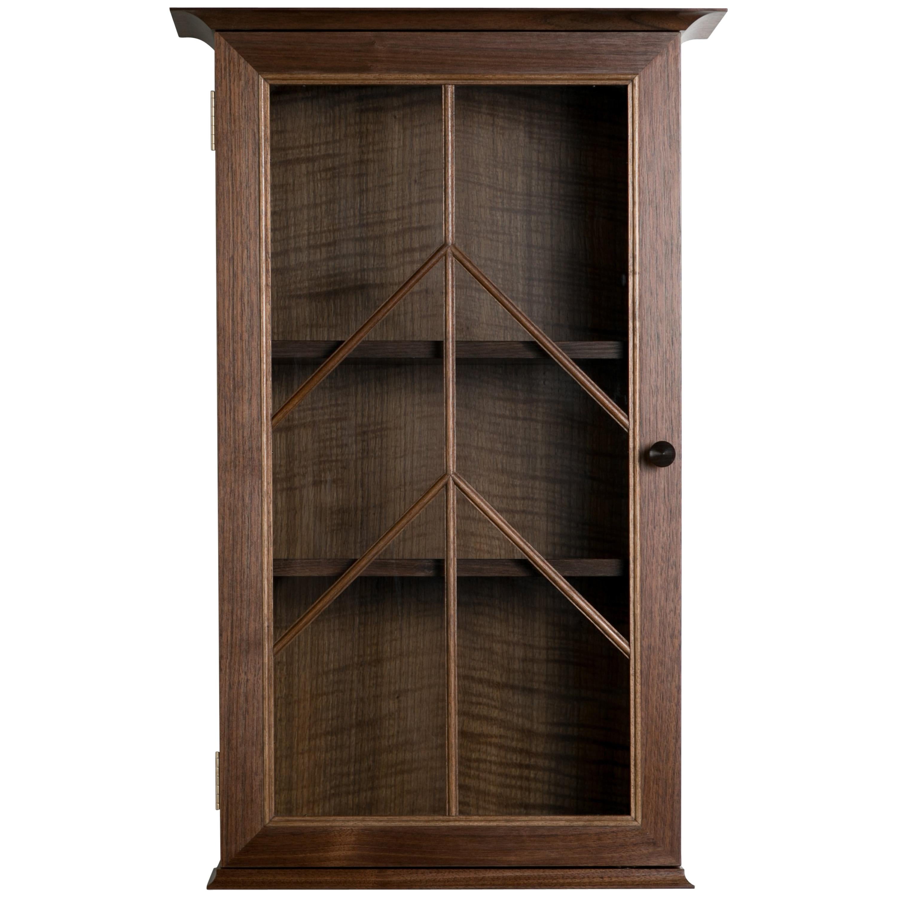 Contemporary North End Wall Cabinet in Walnut, Curly Oak with Barred Glass Door For Sale