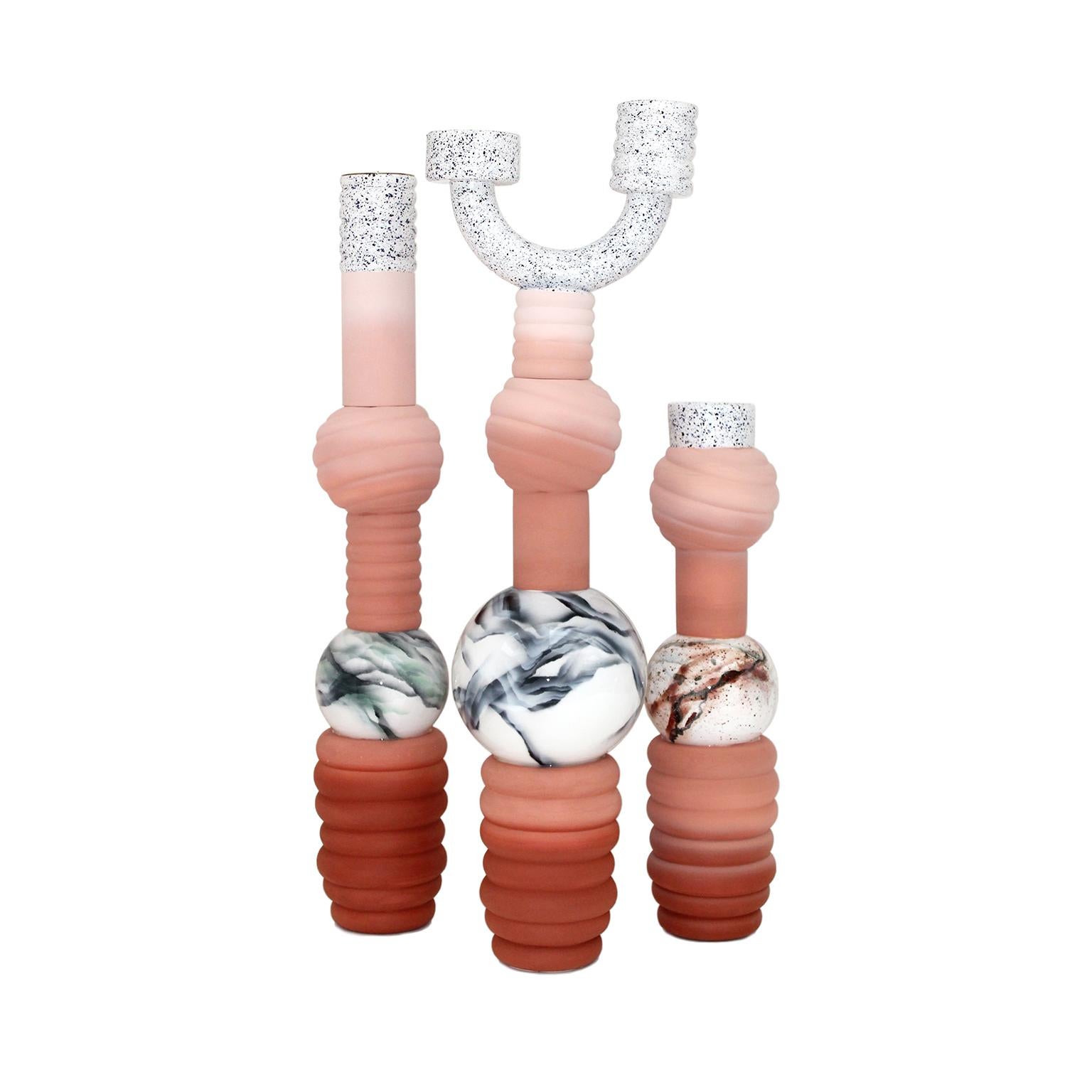 Contemporary 'Nyx 1' candelabra hand crafted ceramic by Villa Arev for French Cliché. This is Presented by French Cliché.
 
Playing with tradition Villa Arev’s Candlelabras are a remake of French church’s and family houses’ imposing