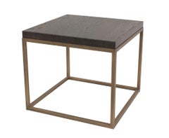 Contemporary Square End Tables, Solid Oak Top, Aged Brass Base, USA