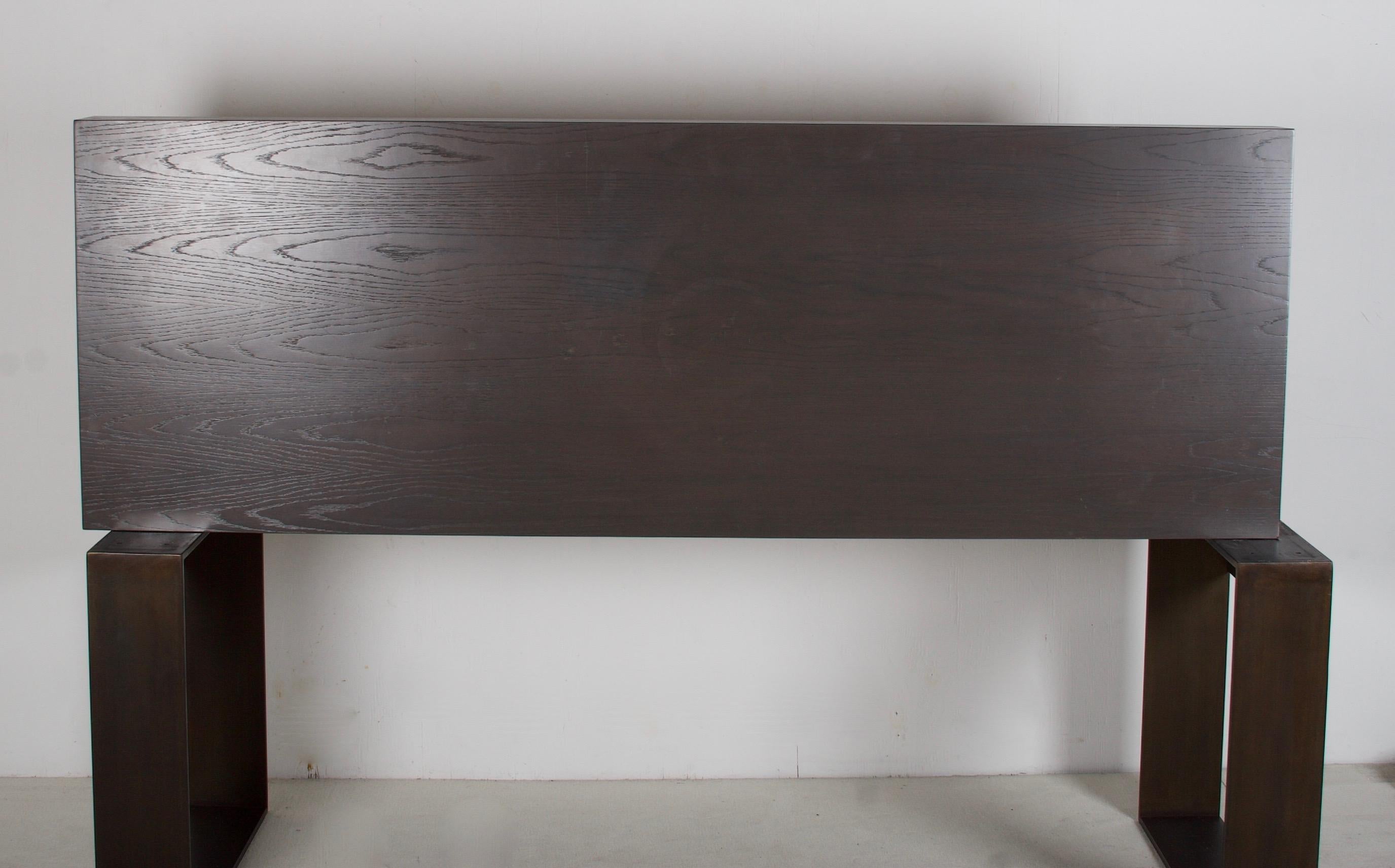 Contemporary Oak and Bronzed Metal Desk, Two Pencil Drawers, or Console Table 5