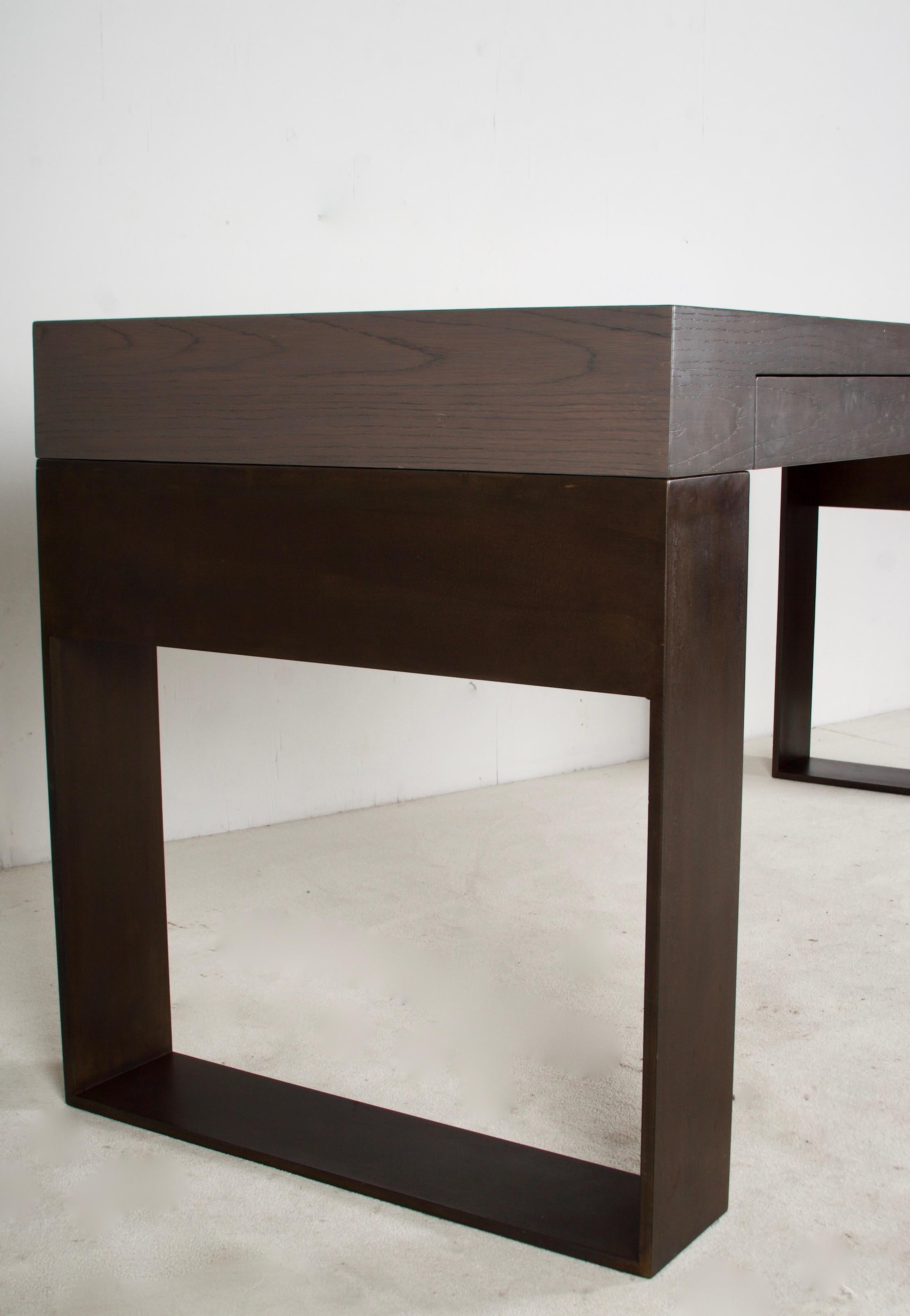 American Contemporary Oak and Bronzed Metal Desk, Two Pencil Drawers, or Console Table