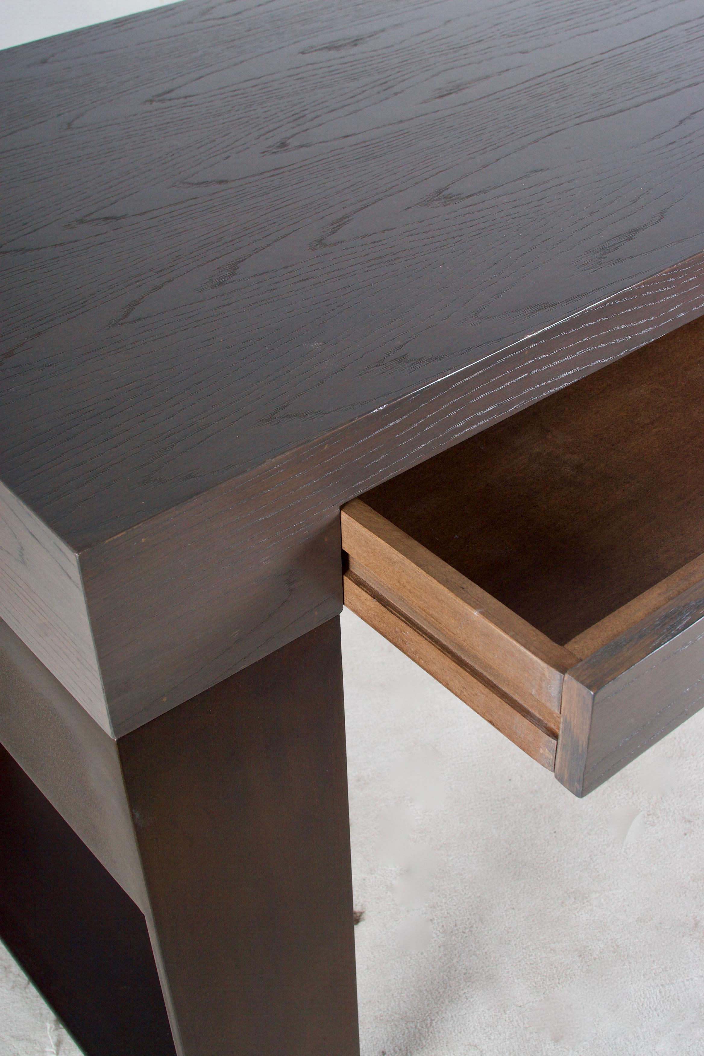Contemporary Oak and Bronzed Metal Desk, Two Pencil Drawers, or Console Table In Good Condition In San Francisco, CA