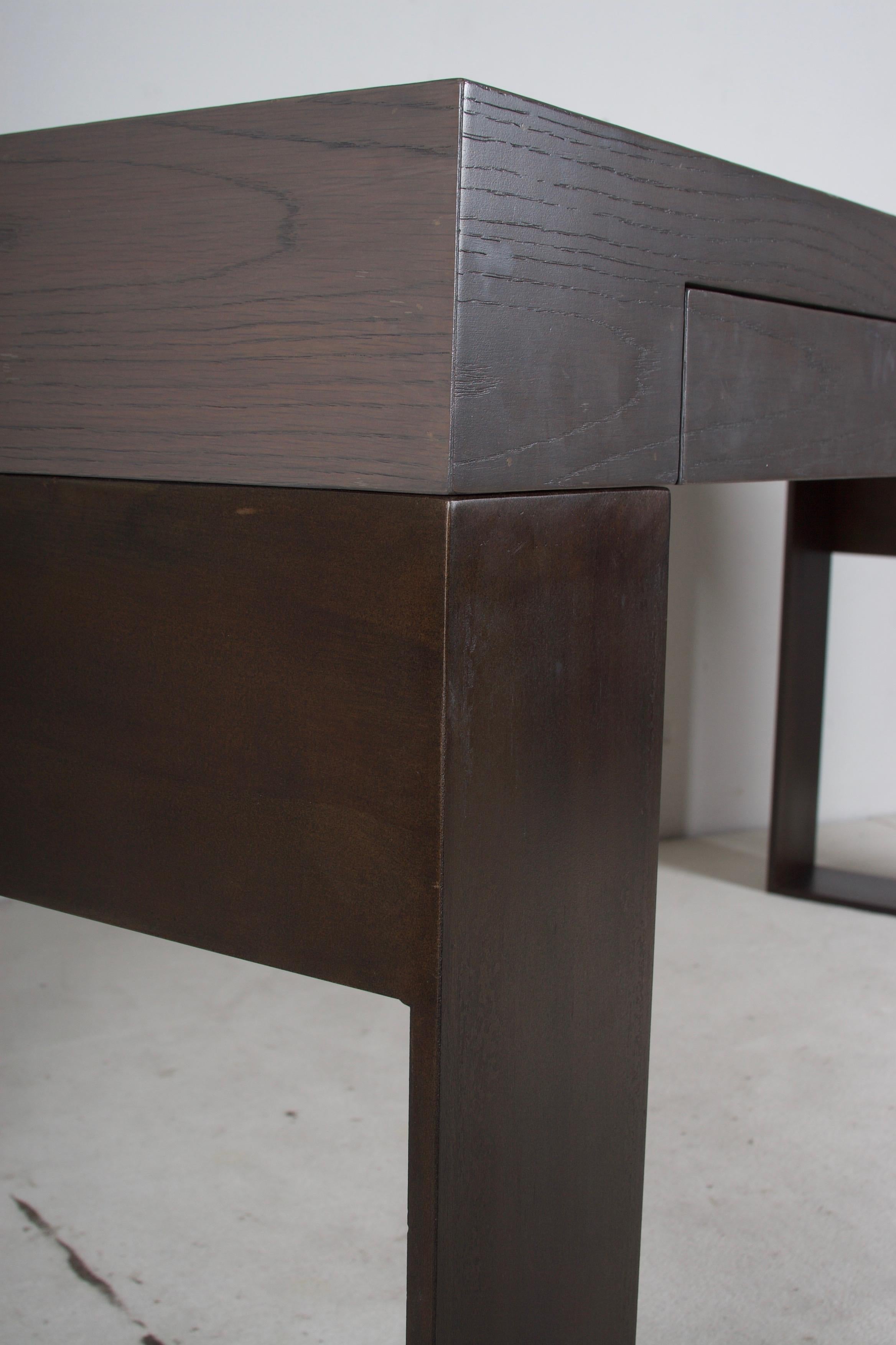 Iron Contemporary Oak and Bronzed Metal Desk, Two Pencil Drawers, or Console Table