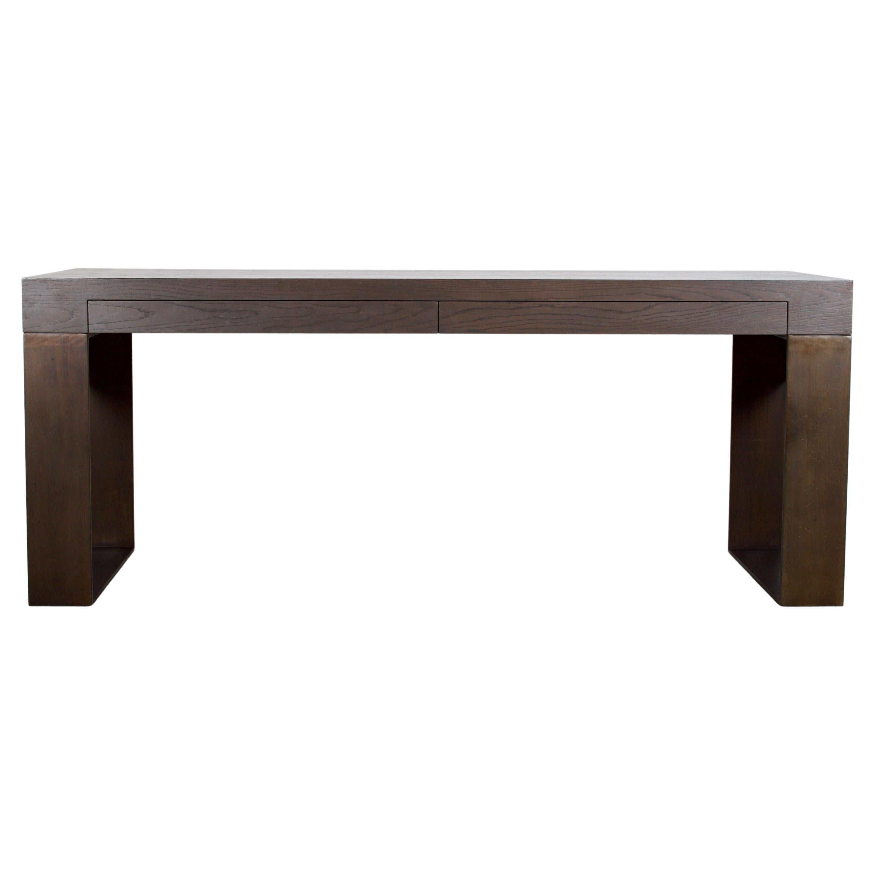 Contemporary Oak and Bronzed Metal Desk, Two Pencil Drawers, or Console Table