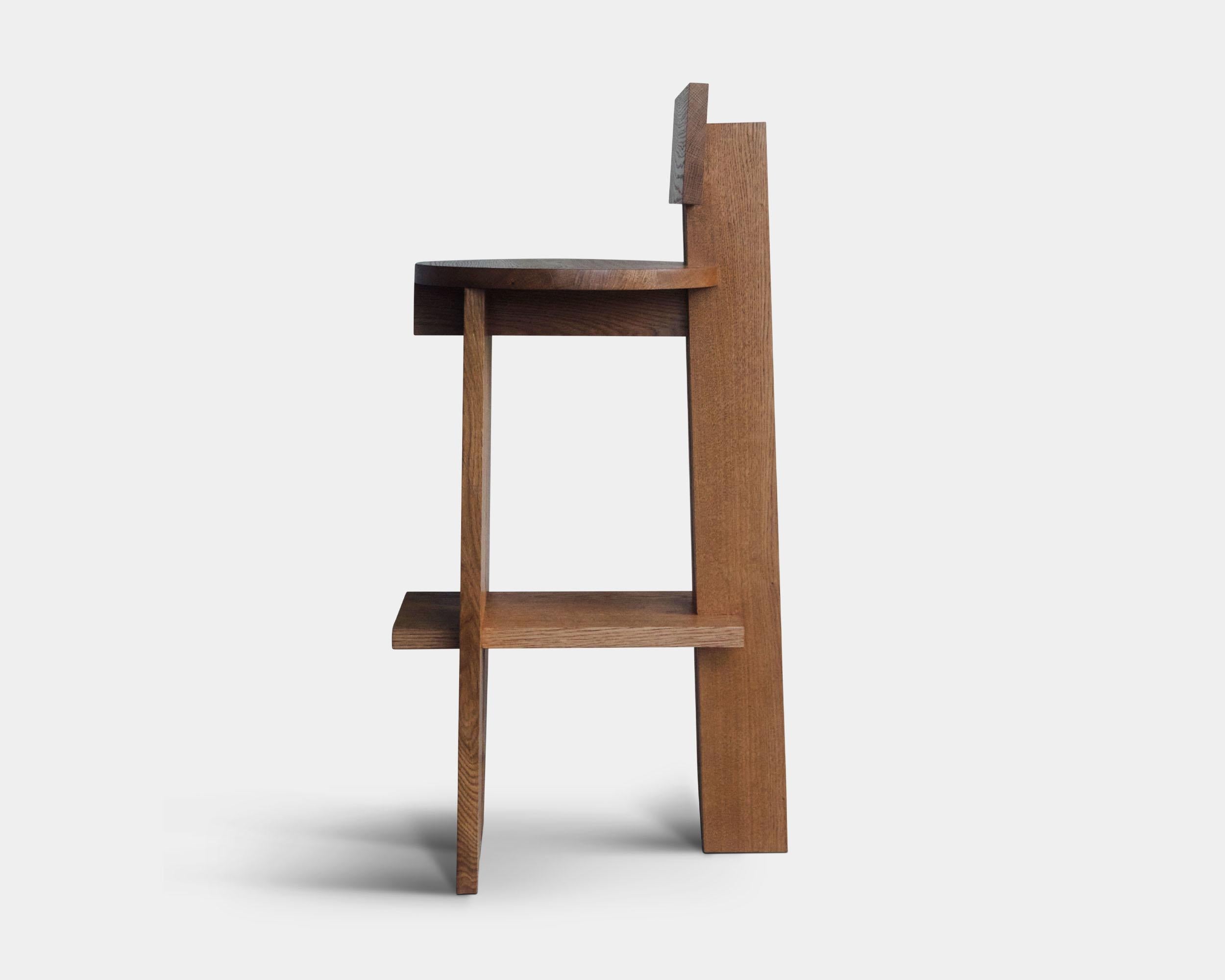 TR Bar Stool by Fora Projects 
Designed by Theresa Rand

Material: Oak wood
Color: Medium brown
Brown surface treatment with non-toxic hardwax oil

Dimensions:

H: 98, L: 41, W: 52 cm / Seat: 75 cm

_______________

The TR bar / counter stool was