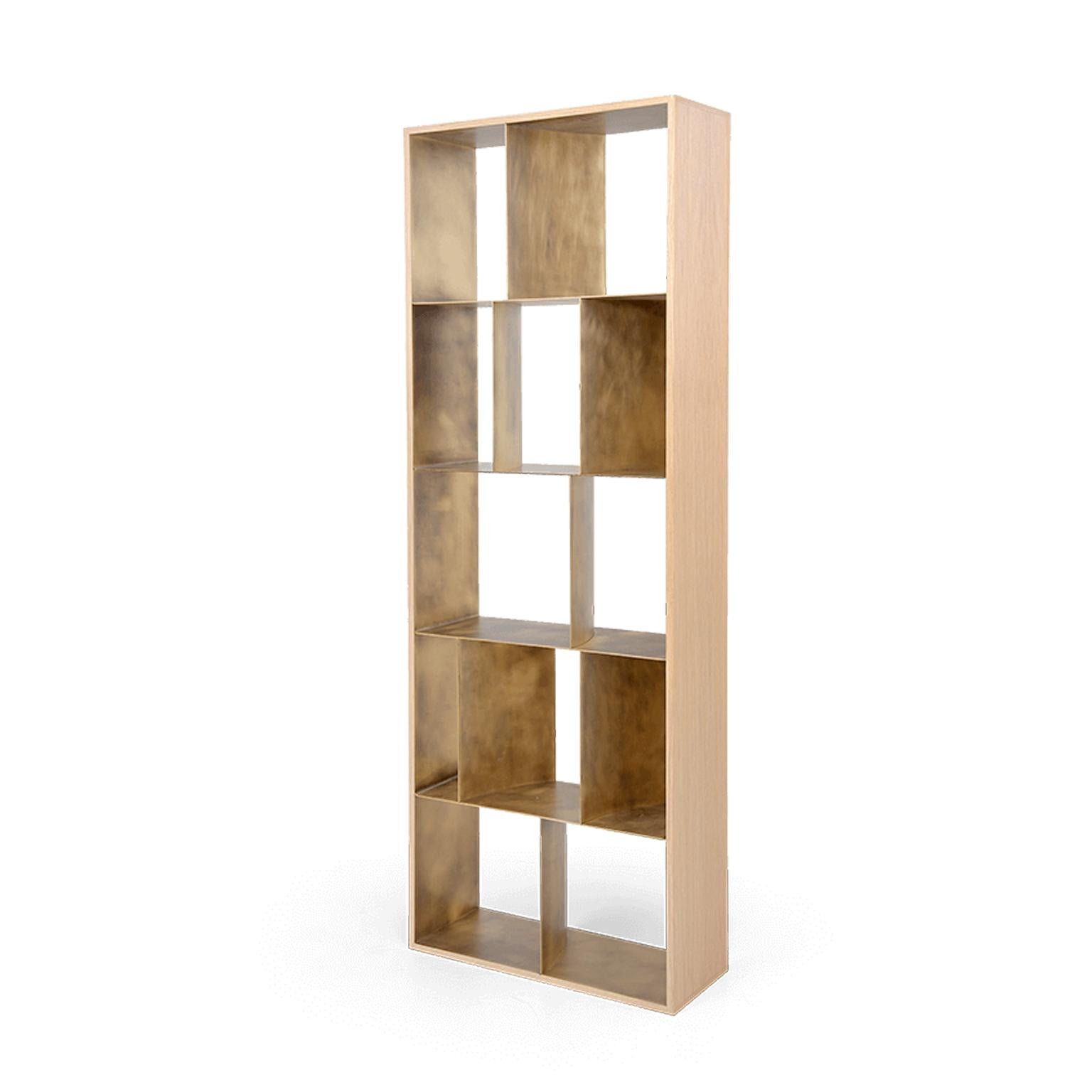 Crafted with utmost attention to detail, this shelving unit is a unique piece of functional decor. A magnificent addition to a modern home, where it will be eye-catching and functional at the same time.

This brass and oak shelving unit is sure to