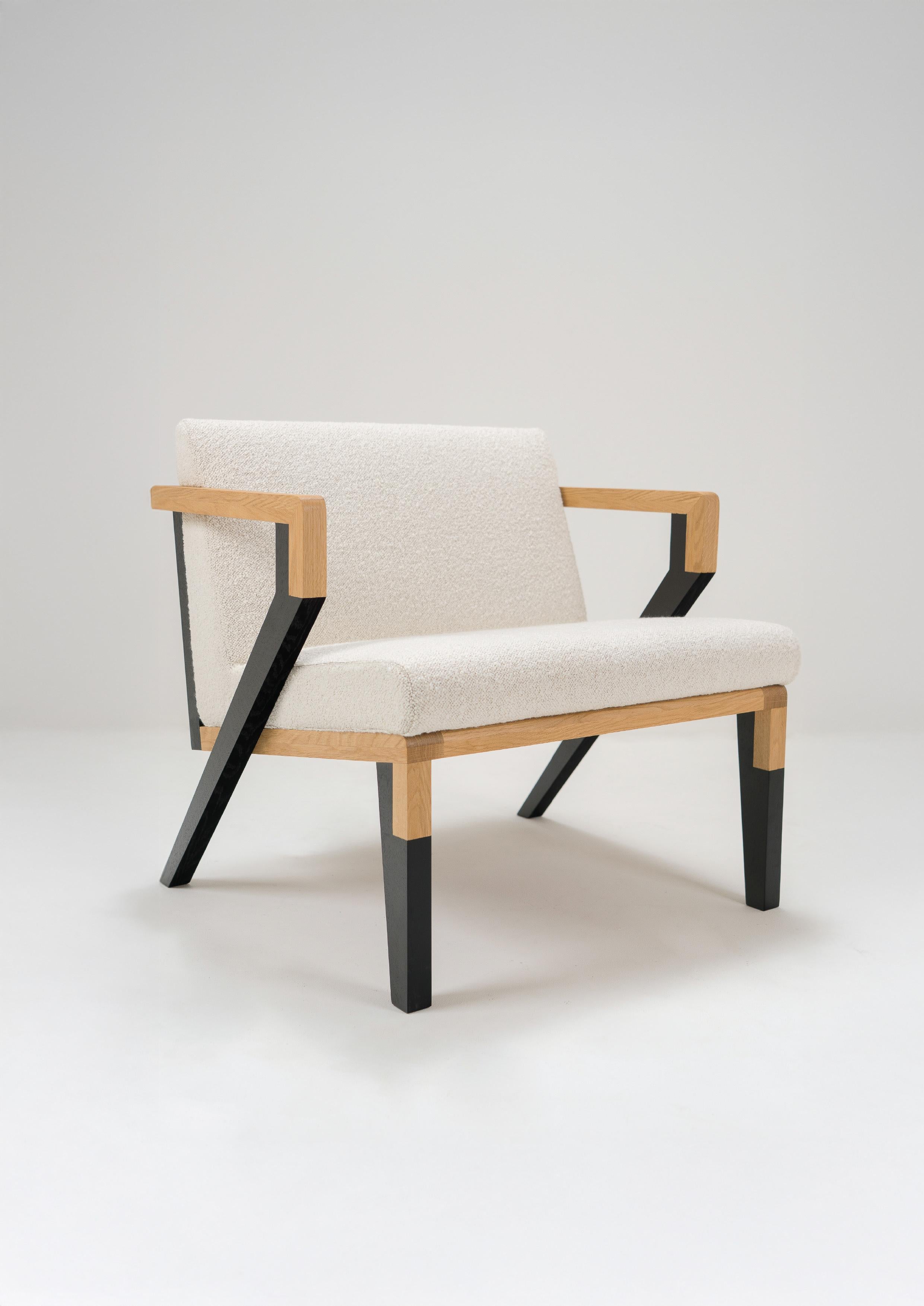 Stained Contemporary Oak Lounge Chair Two-Tone Wood & Bouclé Upholstery – Oillin Model For Sale