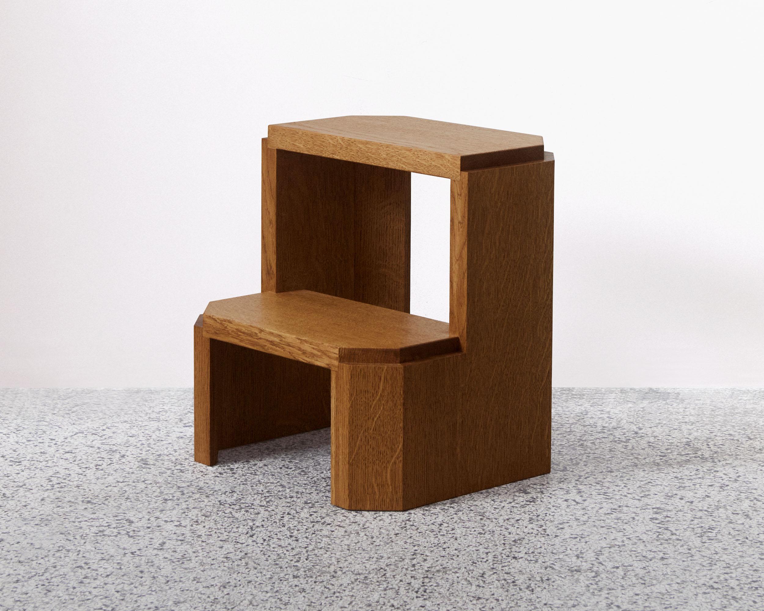 BD Stepping Stool by Fora Projects 
Designed by Bahraini-Danish

Material: Oak wood
Color: Medium brown
Brown surface treatment with non-toxic hardwax oil

Dimensions:
H. 44 – L. 41 – W. 40 cm

_______________

The BD stepping stool was designed by