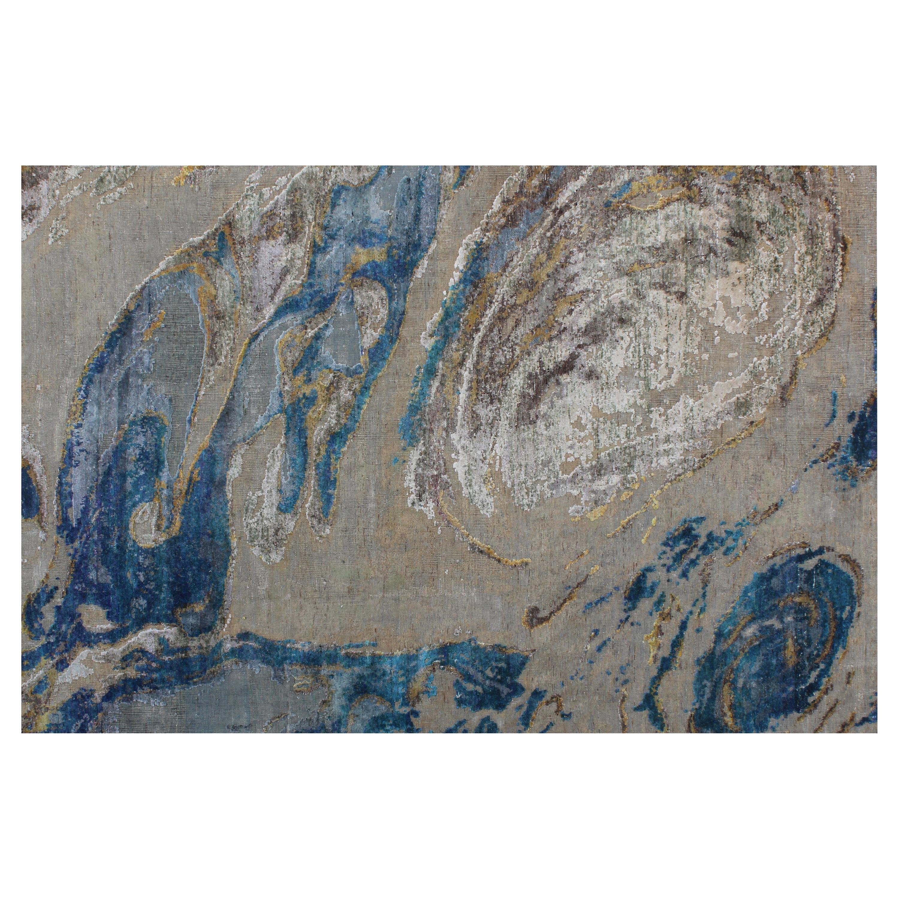 Zeitgenössischer Wandteppich aus Wolle und Seide mit abstraktem Ozeanmuster, handgeknüpft im Angebot
