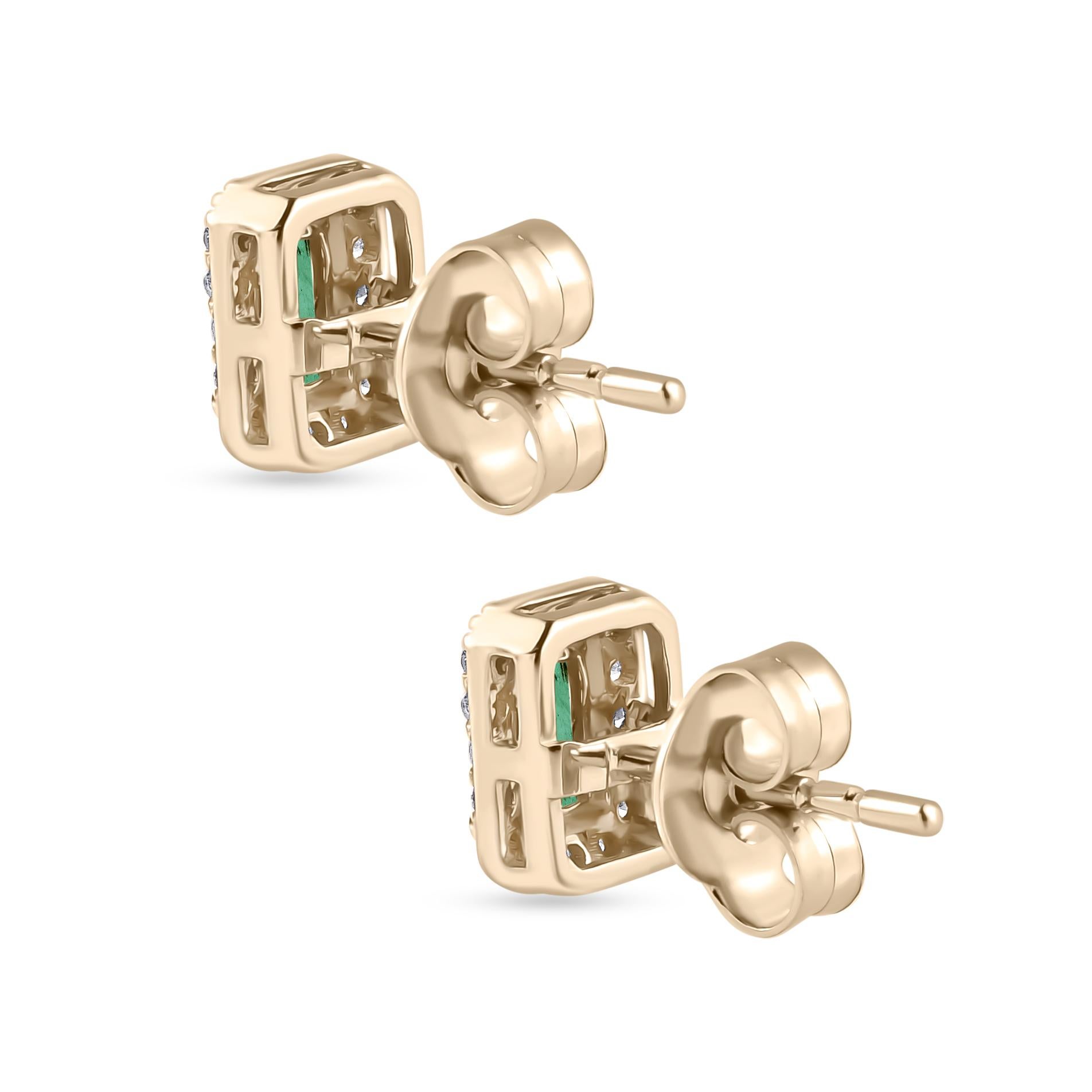 Contemporary Octagon Cut Emerald Diamond Halo Stud Earrings in 14k Yellow Gold In New Condition For Sale In New York, NY