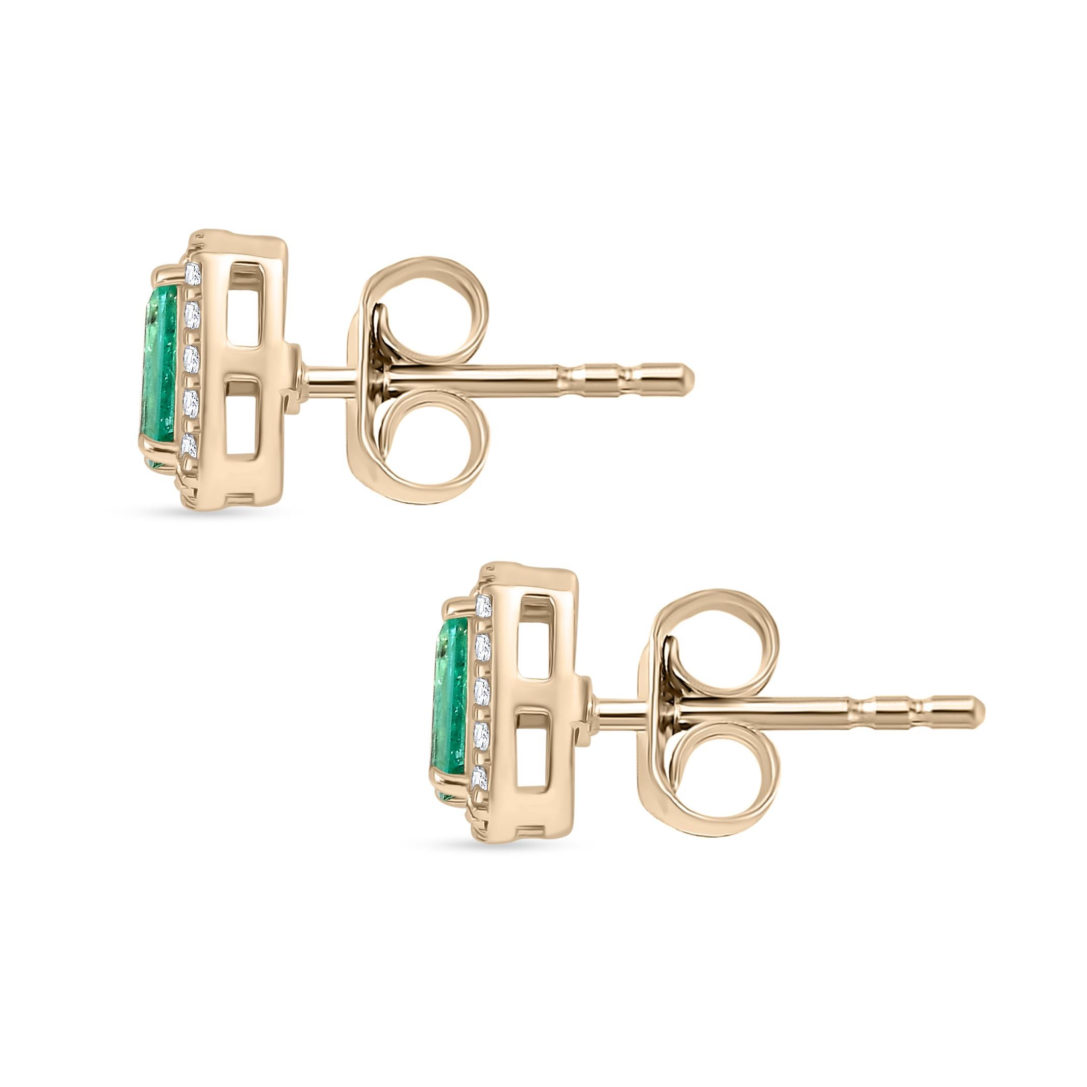 Contemporary Octagon Cut Emerald Diamond Halo Stud Earrings in 14k Yellow Gold For Sale 1