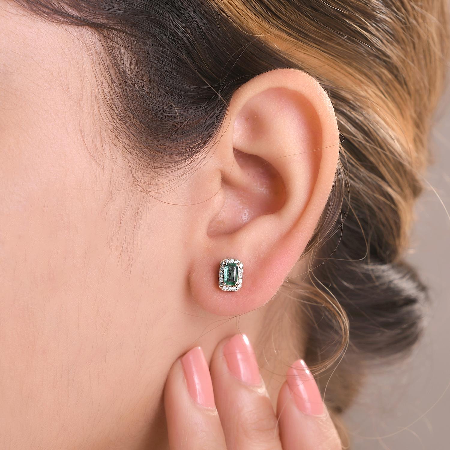 Contemporary Octagon Cut Emerald Diamond Halo Stud Earrings in 14k Yellow Gold For Sale 2