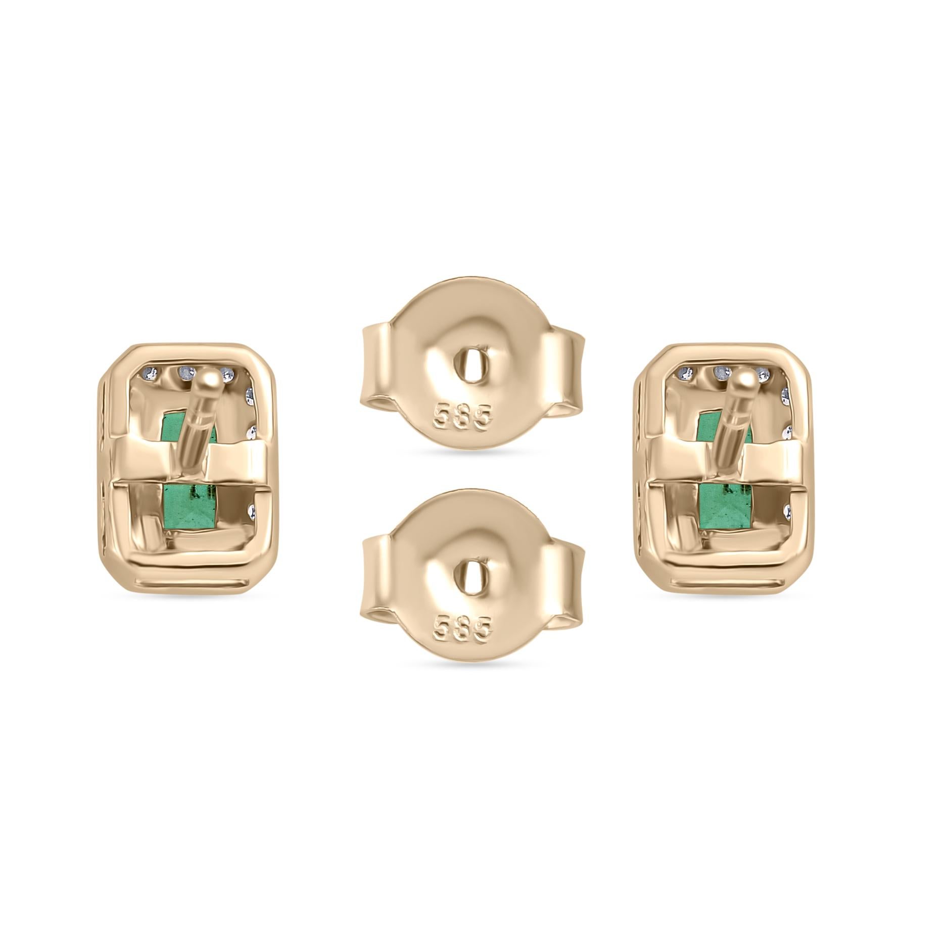 Contemporary Octagon Cut Emerald Diamond Halo Stud Earrings in 14k Yellow Gold For Sale 3