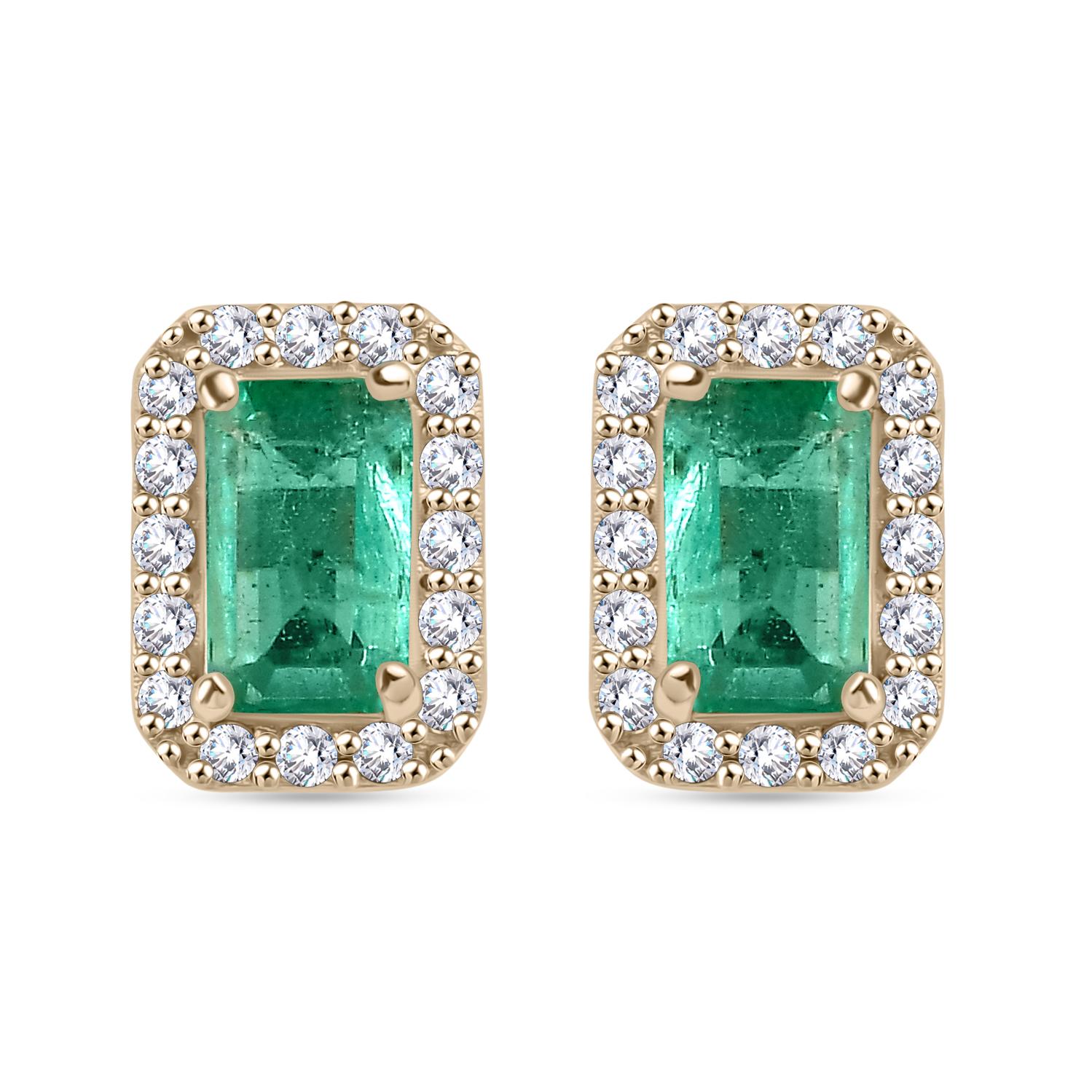 Contemporary Octagon Cut Emerald Diamond Halo Stud Earrings in 14k Yellow Gold For Sale 5