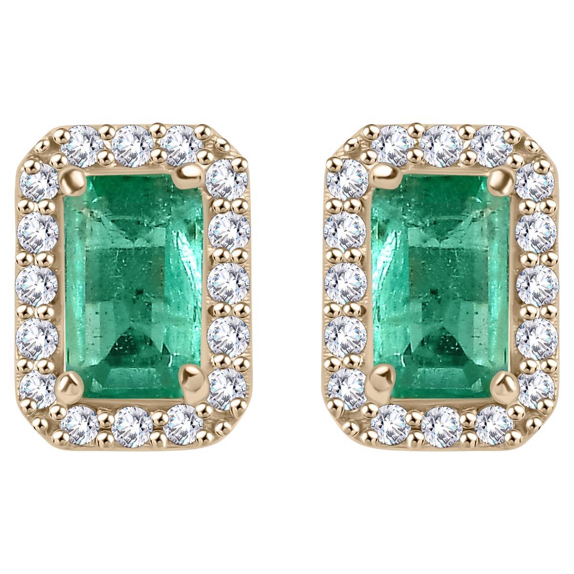 Contemporary Octagon Cut Emerald Diamond Halo Stud Earrings in 14k Yellow Gold