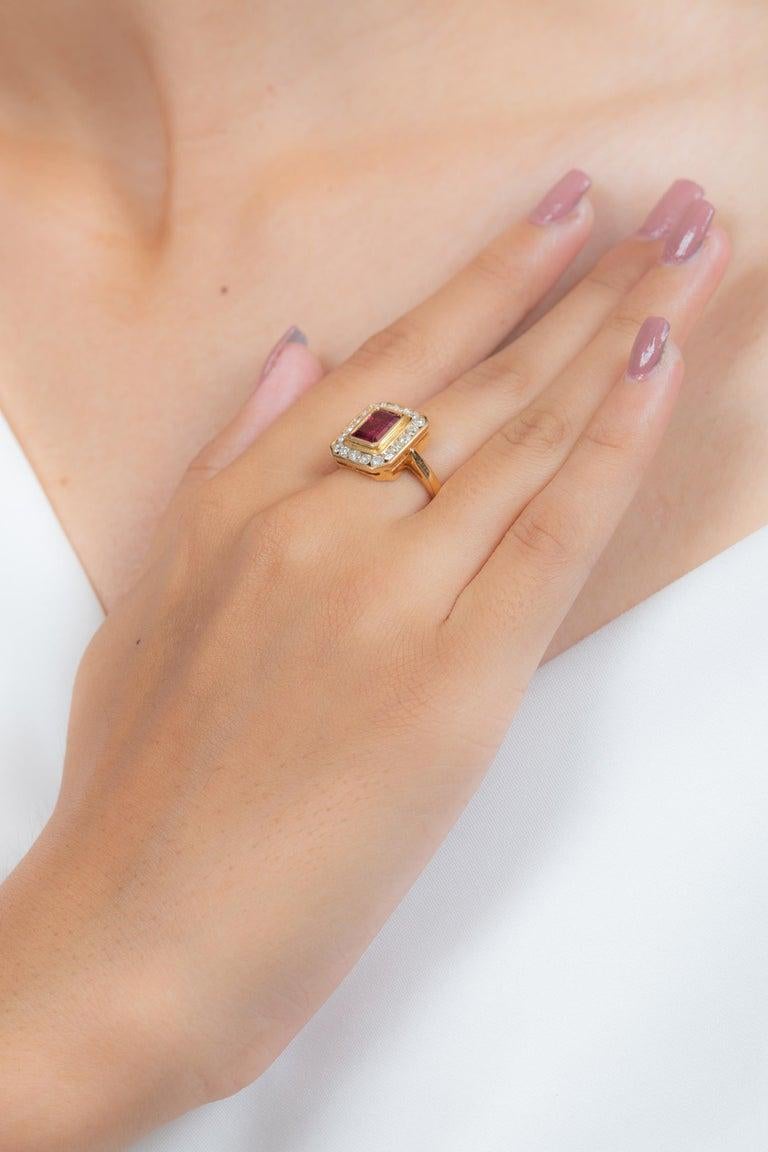 For Sale:  Contemporary Octagon Ruby Diamond Engagement Ring in 18k Solid Yellow Gold 13