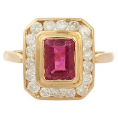 Bague de fiançailles octogonale contemporaine en or jaune massif 18k avec rubis et diamants