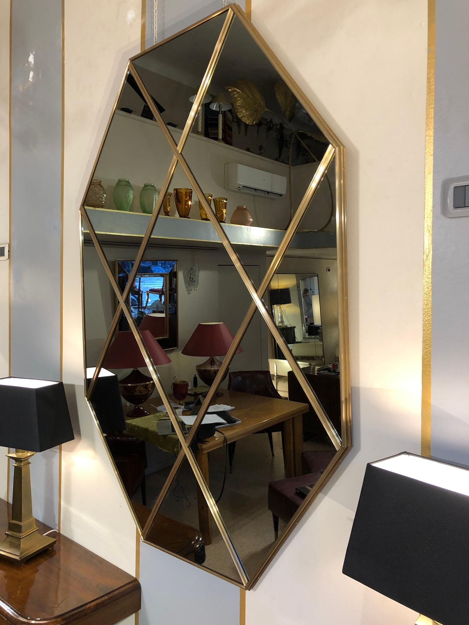 Italian Contemporary Octagonal Art Deco Style Brass Paneled Smoked Mirror 150 X 100 CM For Sale