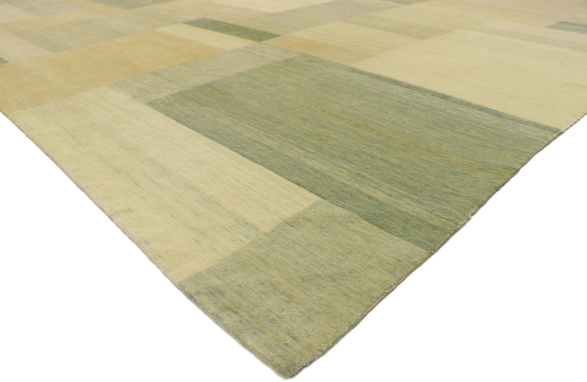 77393, Contemporary Tibetan Odegard Rug with Cubist Bauhaus Style 12'01 x 15'06. Displaying a linear art form composed of squares, rectangles, and cubes, this hand knotted wool contemporary Tibetan area rug embodies cubist Bauhaus style. The