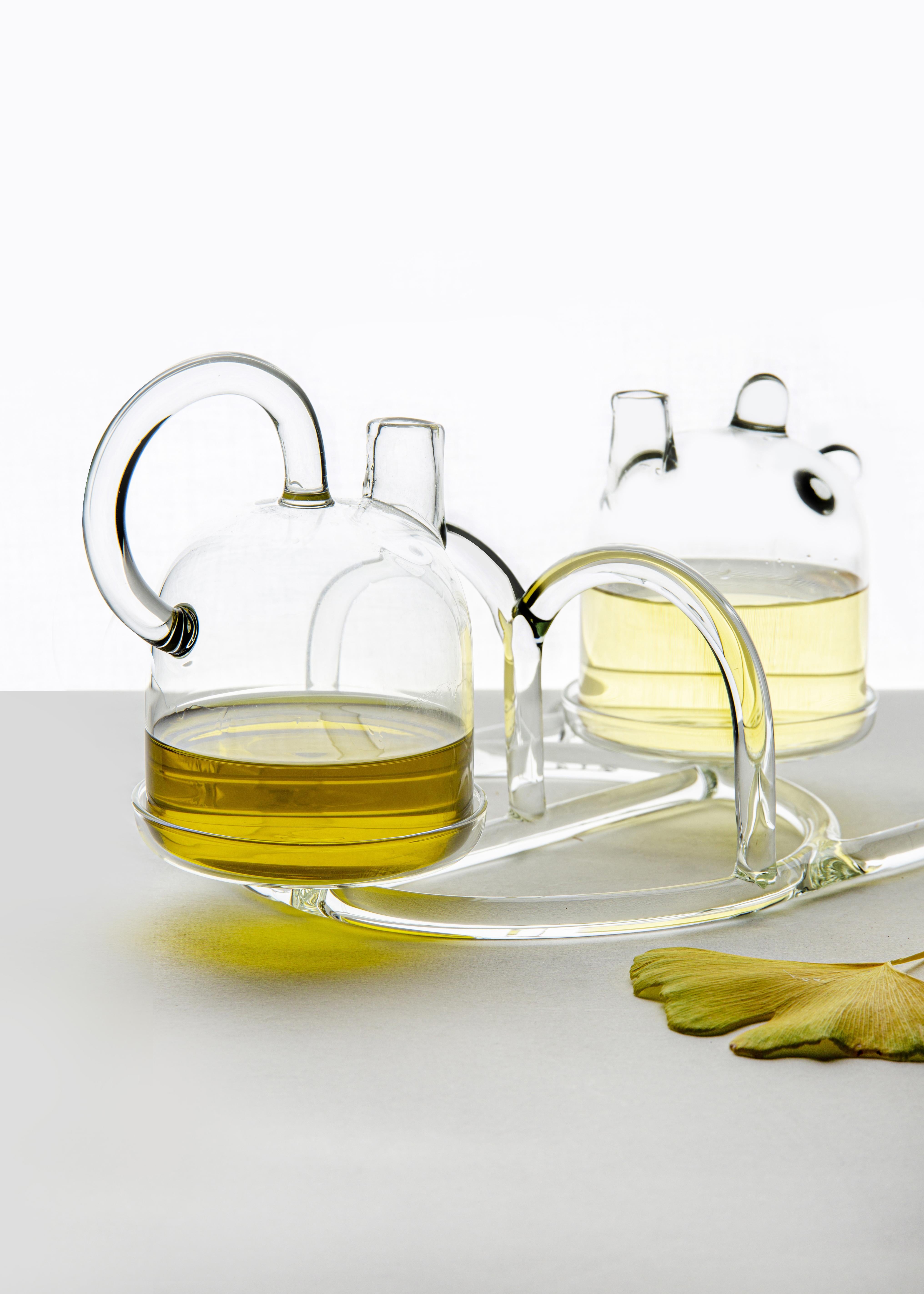 Italian Contemporary Oil and Vinegar Cruet Tableware Kitchen Set Glass Handmade For Sale