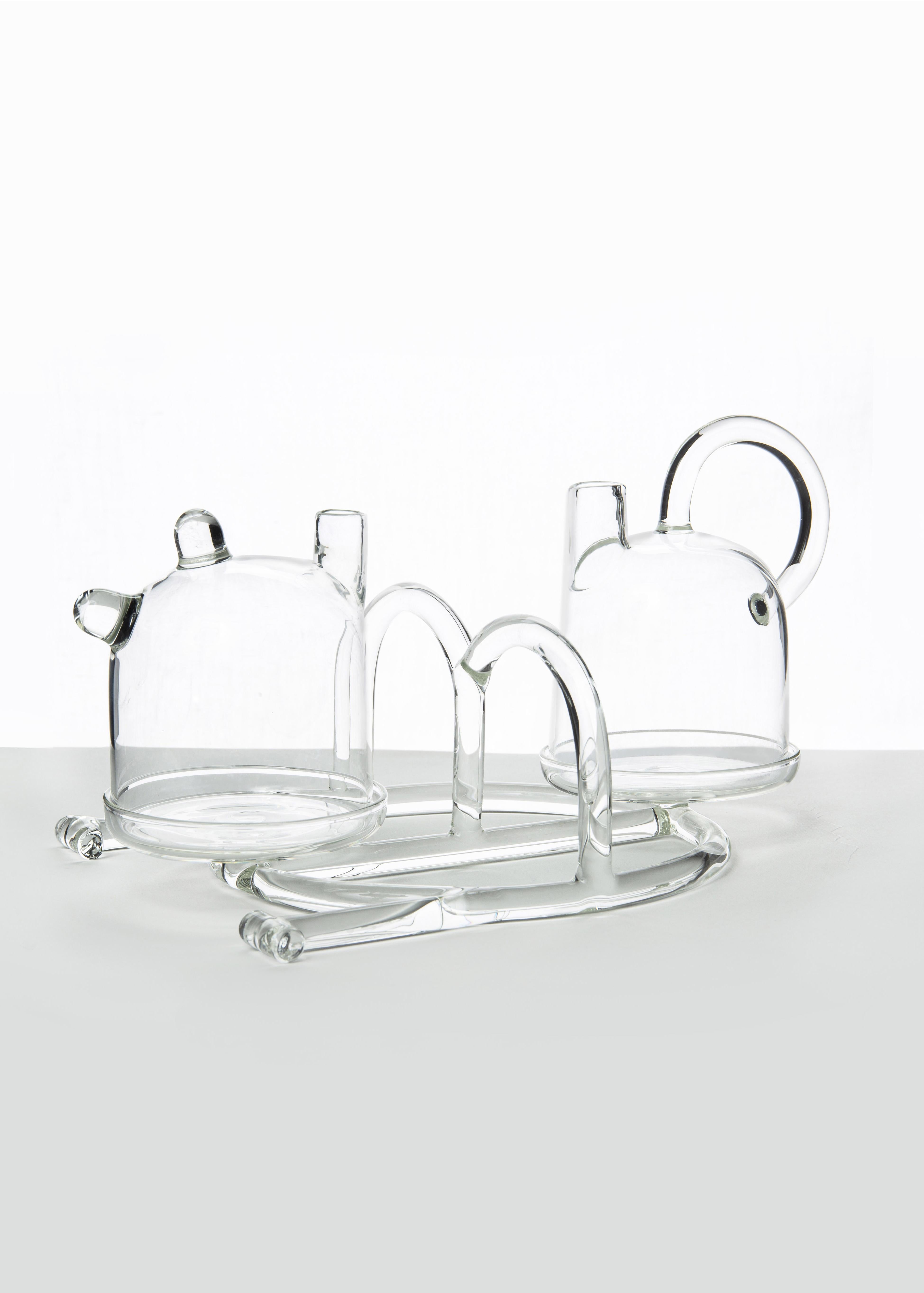 Contemporary Oil and Vinegar Cruet Tableware Kitchen Set Glass Handmade In New Condition For Sale In Milano, IT