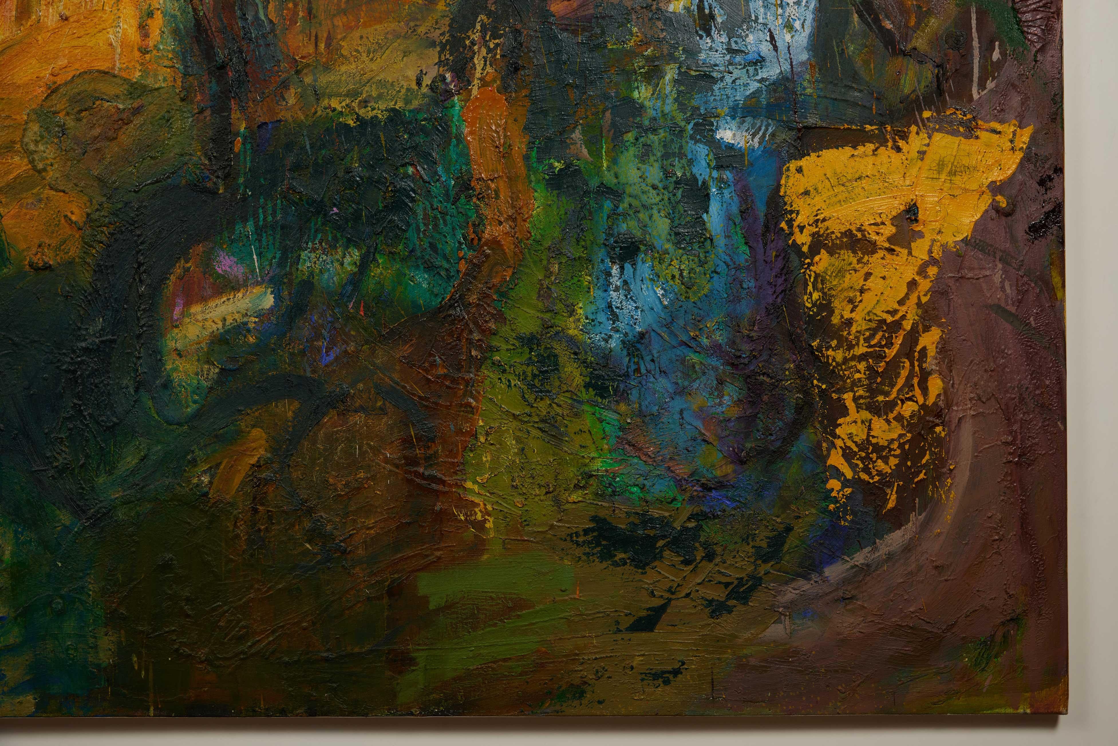 Peinture contemporaine à l'huile sur toile de Lars Dan, présentant un magnifique empâtement moderne de l'artiste danois célèbre.  Une abstraction contemporaine pleine d'une palette multicolore vive dominée par des couleurs vibrantes. 

En regardant