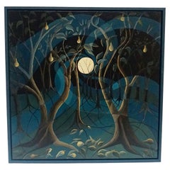 Contemporary Oil on Canvas Painting Depicting Pear Trees in the moonlight 