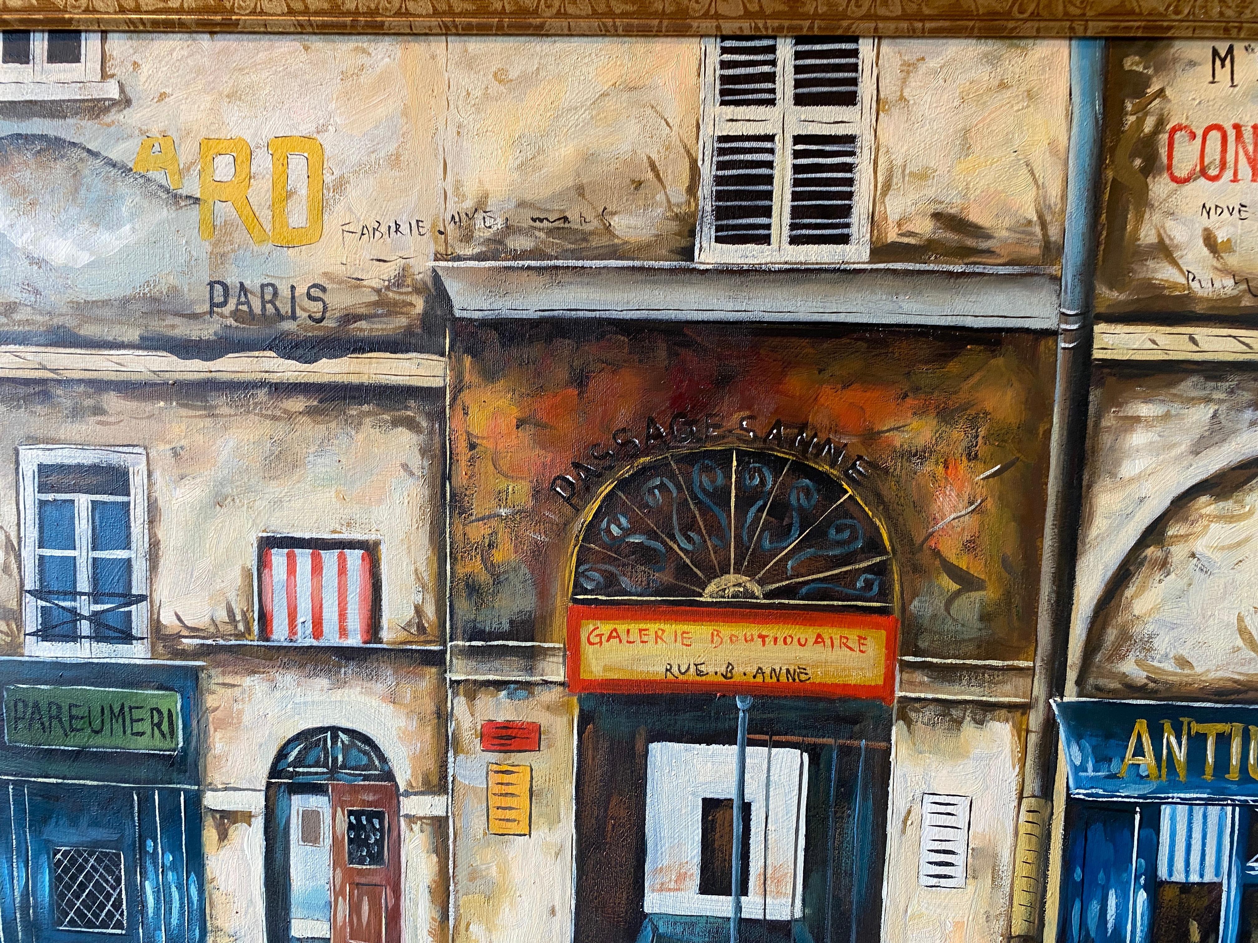 Wood Contemporary Oil on Canvas Painting of French Storefronts Signed Rossini For Sale