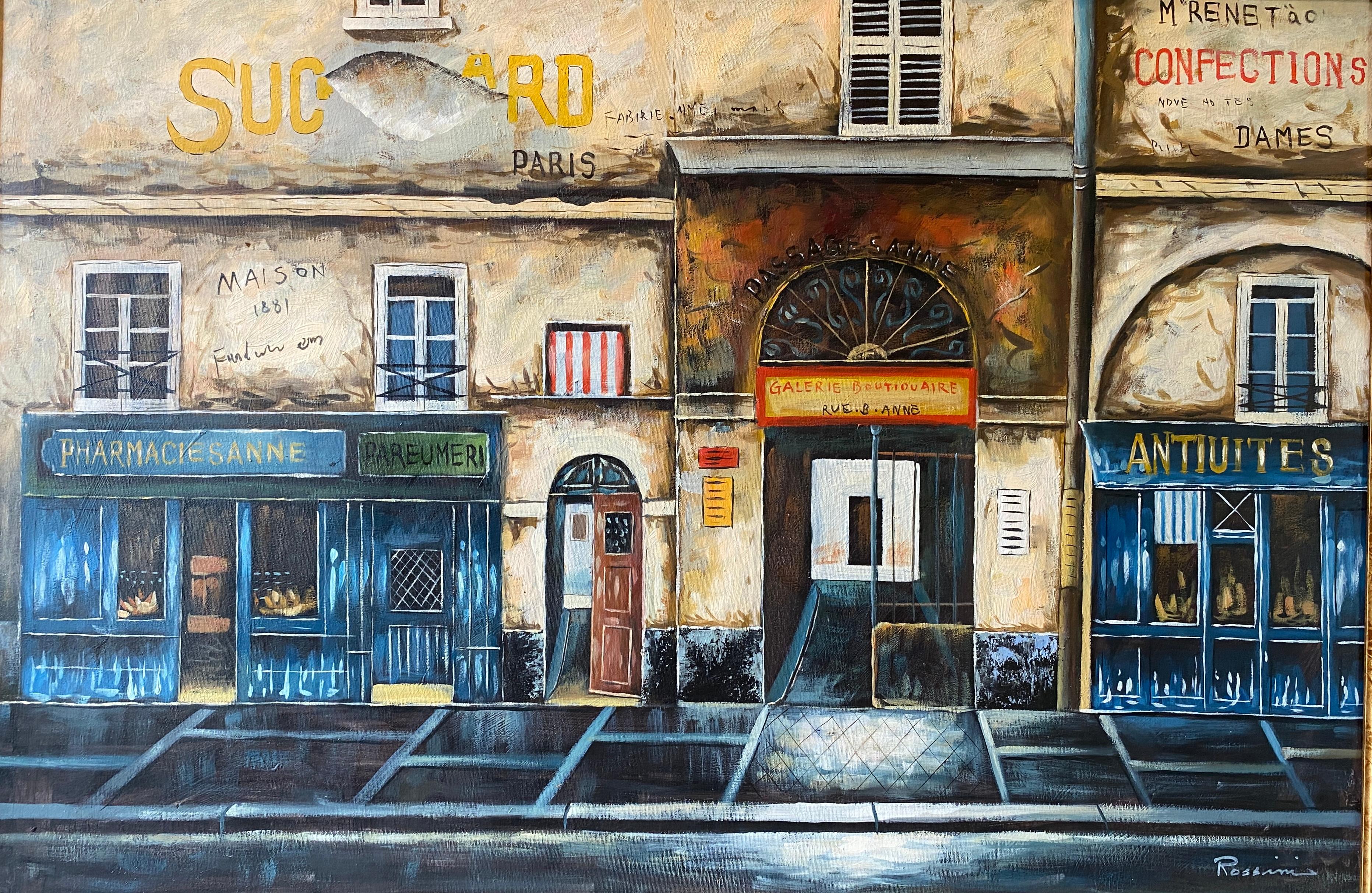 Decorative oil on canvas painting depicting a French street and its storefronts. 
The blue, yellow, ochre and brown hues are very pleasing to the eye. 

This well executed oil on canvas painting depicting a French street with storefronts would