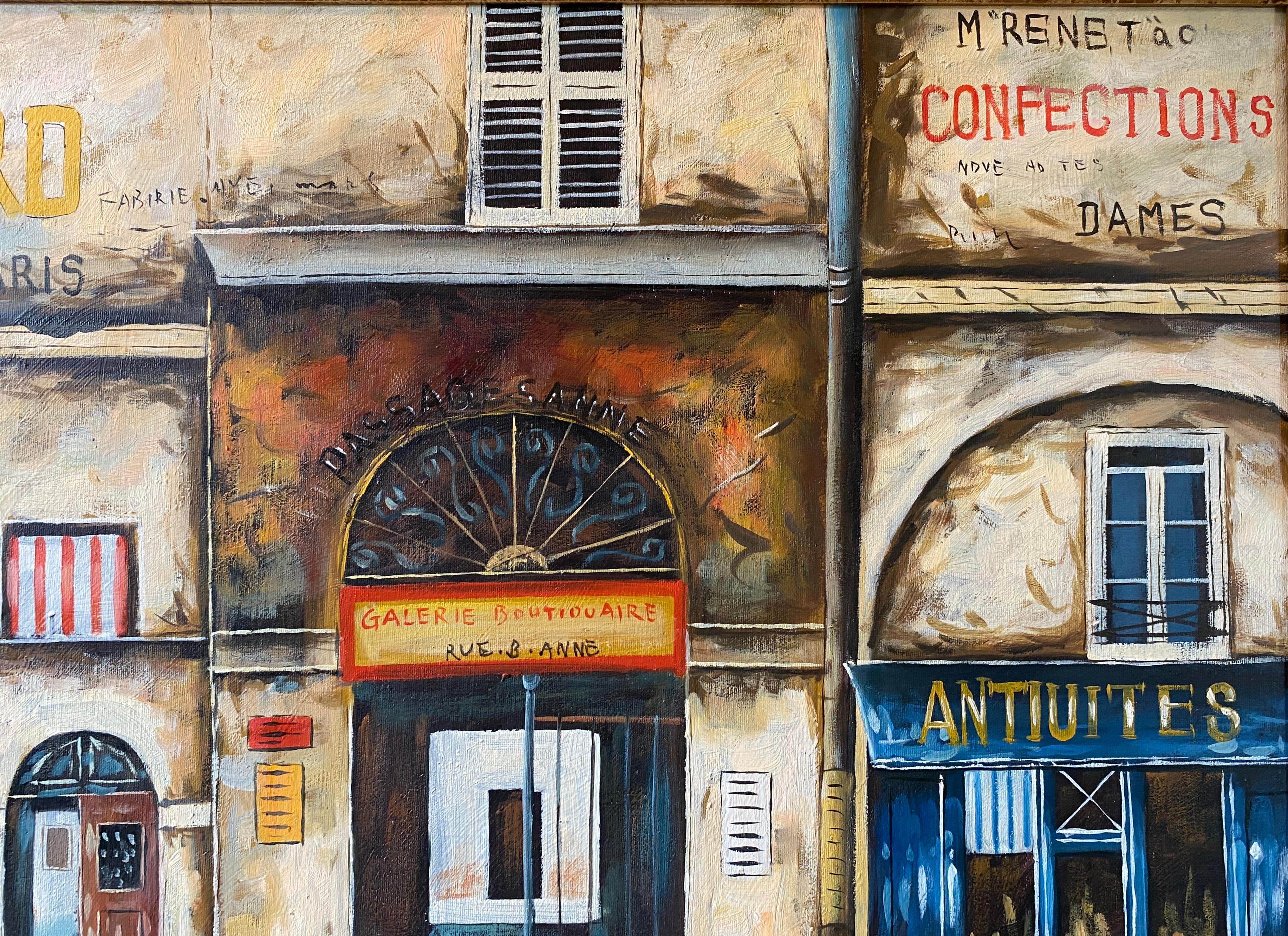 Hollywood Regency Contemporary Oil on Canvas Painting of French Storefronts Signed Rossini For Sale