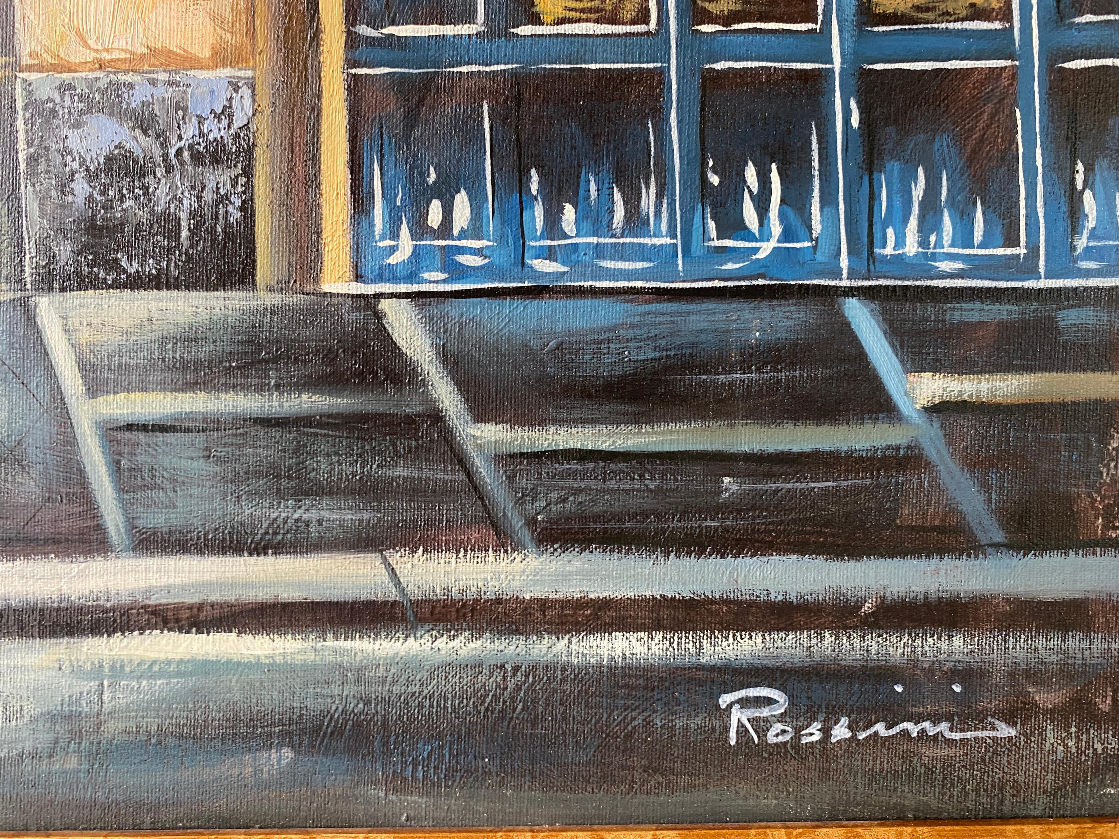 American Contemporary Oil on Canvas Painting of French Storefronts Signed Rossini For Sale