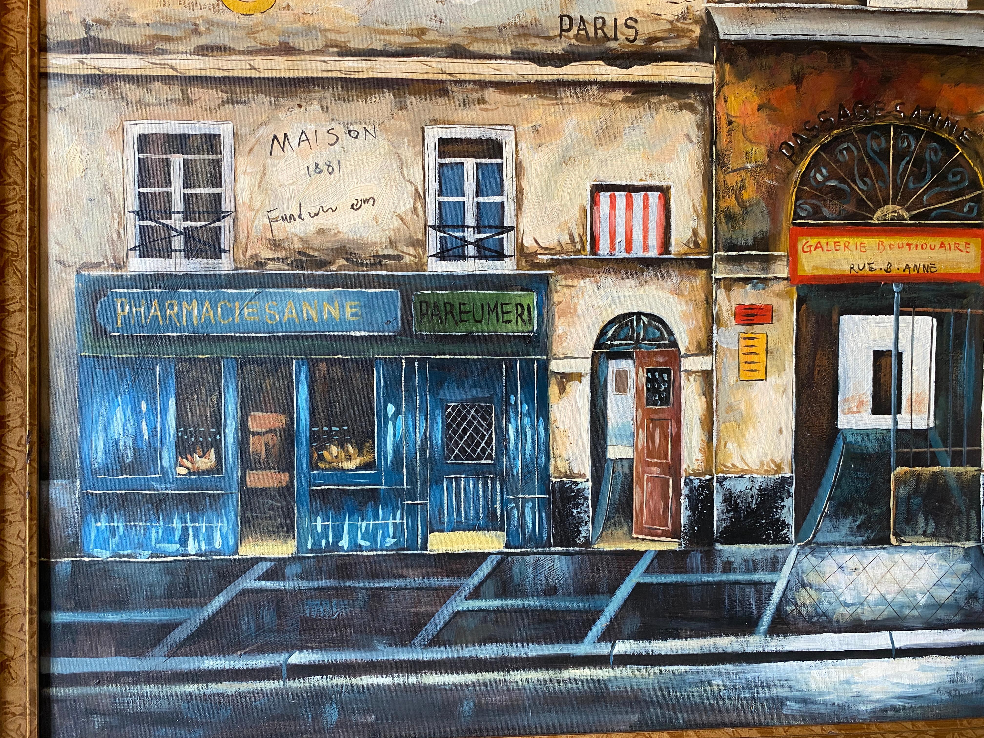 Contemporary Oil on Canvas Painting of French Storefronts Signed Rossini In Good Condition For Sale In Miami, FL