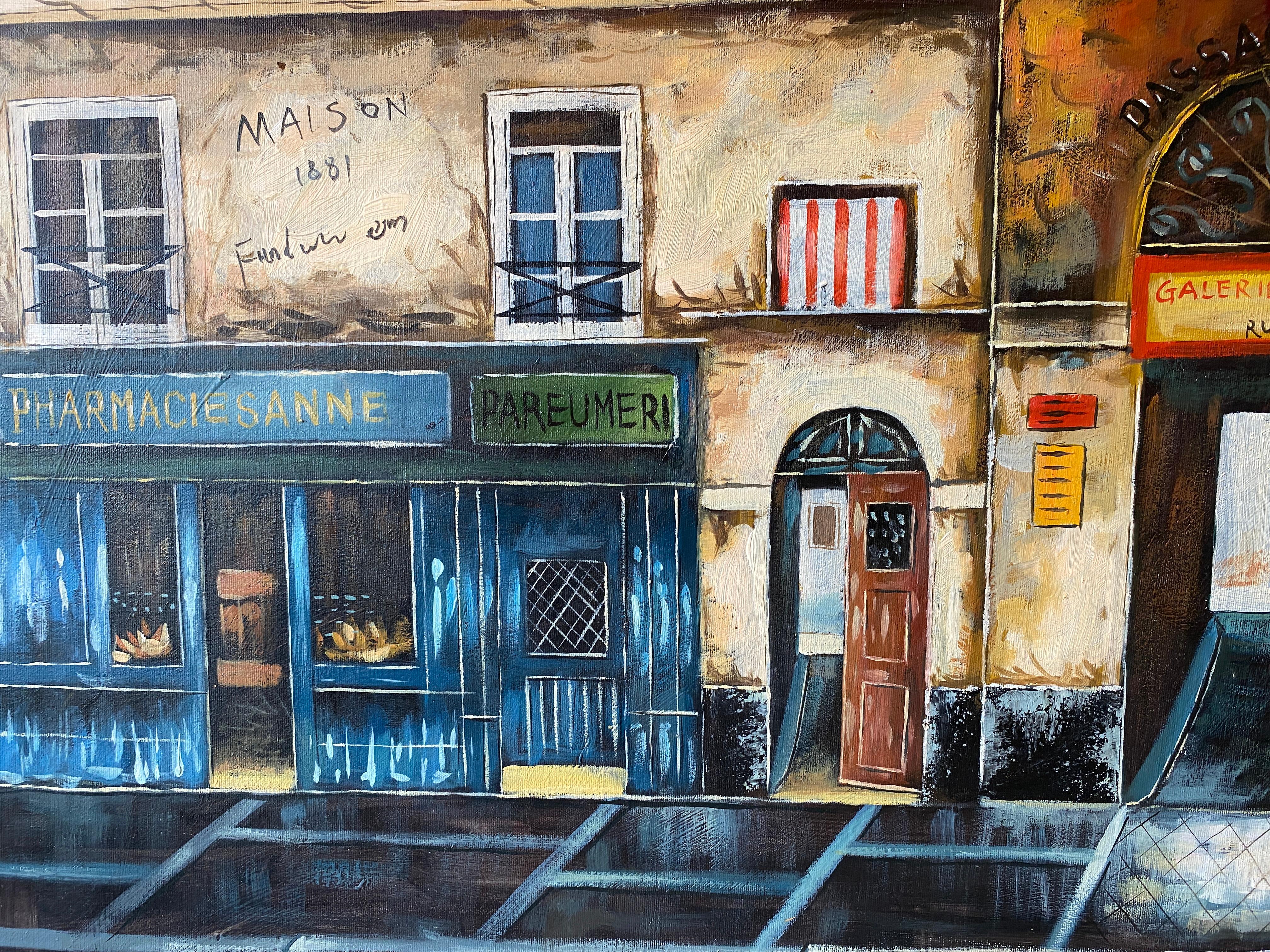 20th Century Contemporary Oil on Canvas Painting of French Storefronts Signed Rossini For Sale