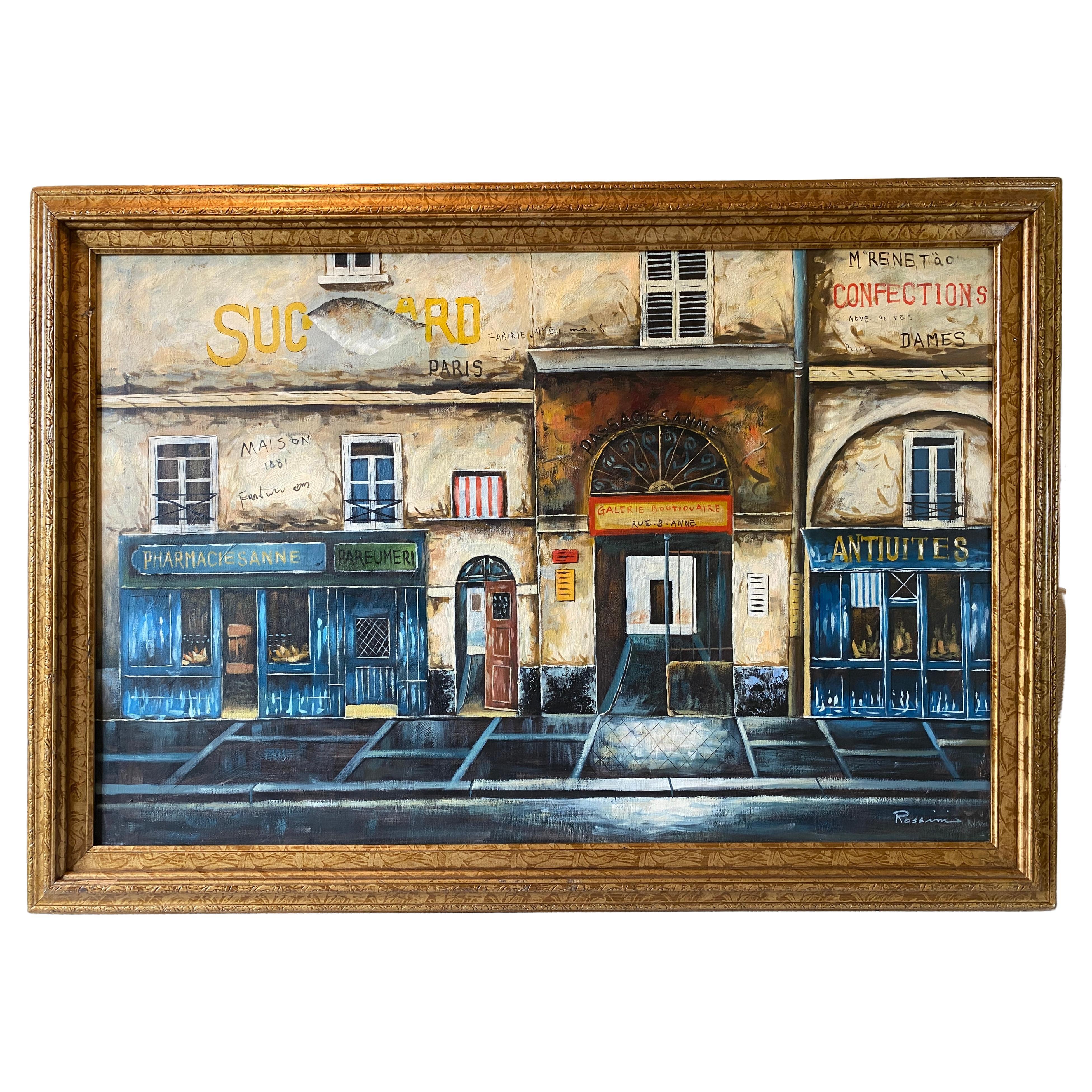 Contemporary Oil on Canvas Painting of French Storefronts Signed Rossini For Sale
