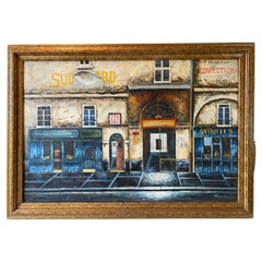 Vintage Contemporary Oil on Canvas Painting of French Storefronts Signed Rossini