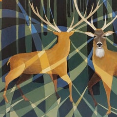 Contemporary Oil on Canvas Painting of Two Standing Stags in a Forest