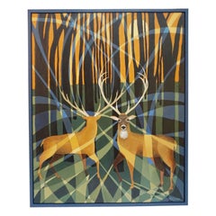Contemporary Oil on Canvas Painting of Two Standing Stags in a Forest