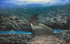 Pintura contemporánea al óleo sobre lienzo, firmada Lanci a la manera de René Magritte