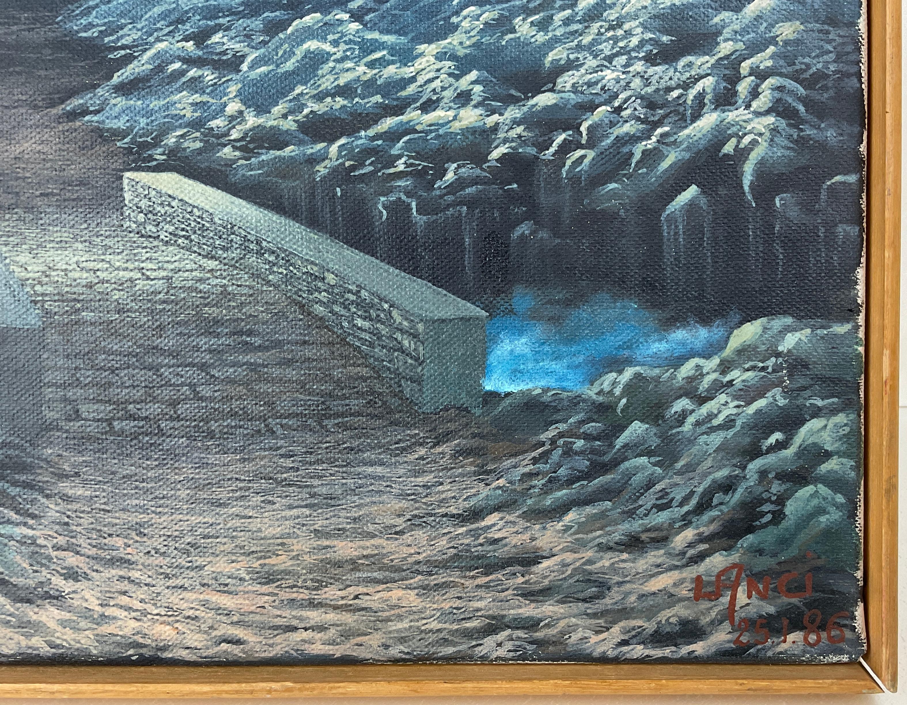 Mid-Century Modern Contemporary Oil on Canvas Painting, Signed Lanci in the Manner of Rene Magritte For Sale