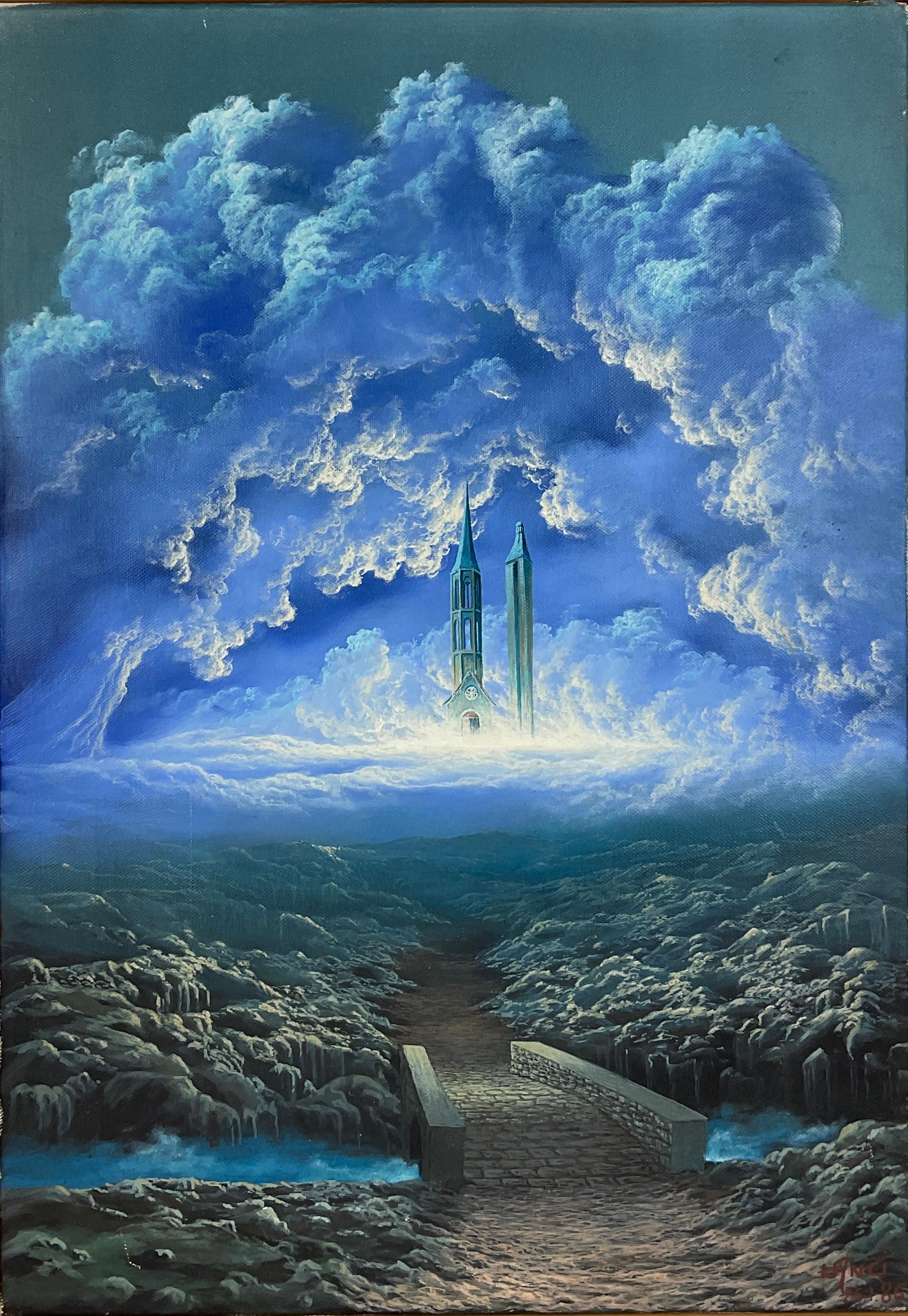 French Contemporary Oil on Canvas Painting, Signed Lanci in the Manner of Rene Magritte For Sale