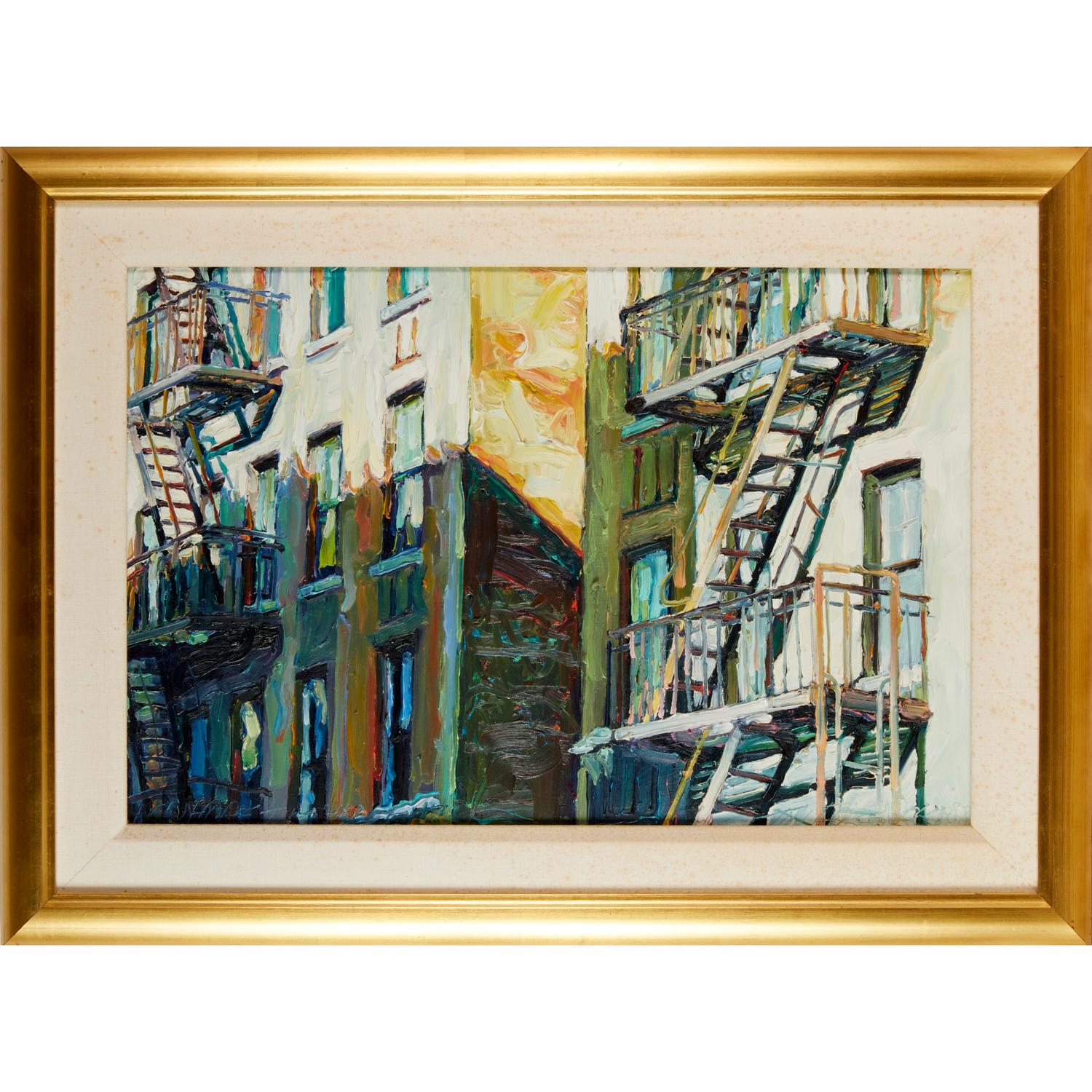 Late 20th Century Contemporary Oil on Masonite of NYC Buildings, Tim Folzenlogen For Sale